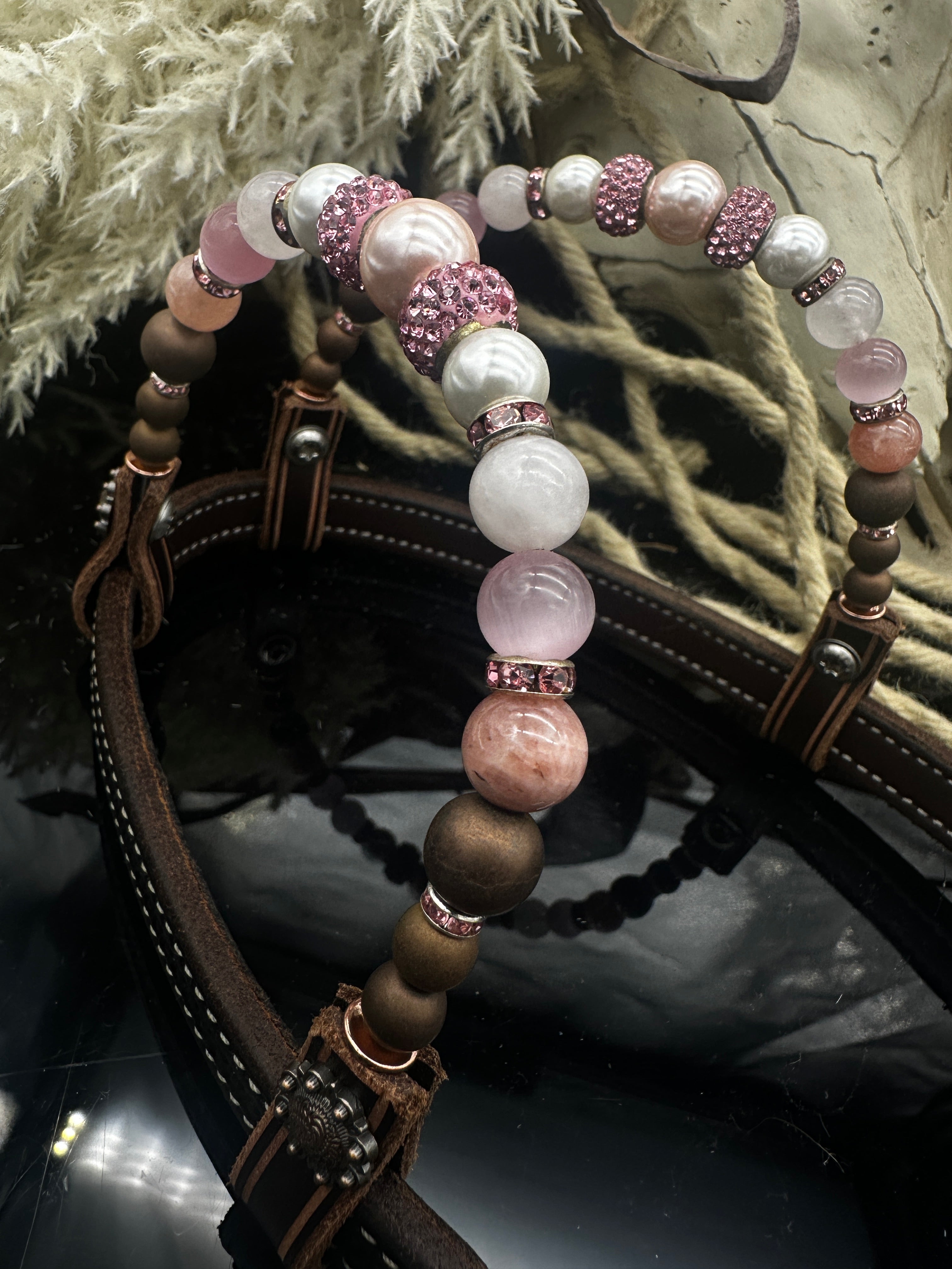 Premium | Dunkelkastanienbraunes Westernzaumzeug | Pink & Swarovski Perlen
