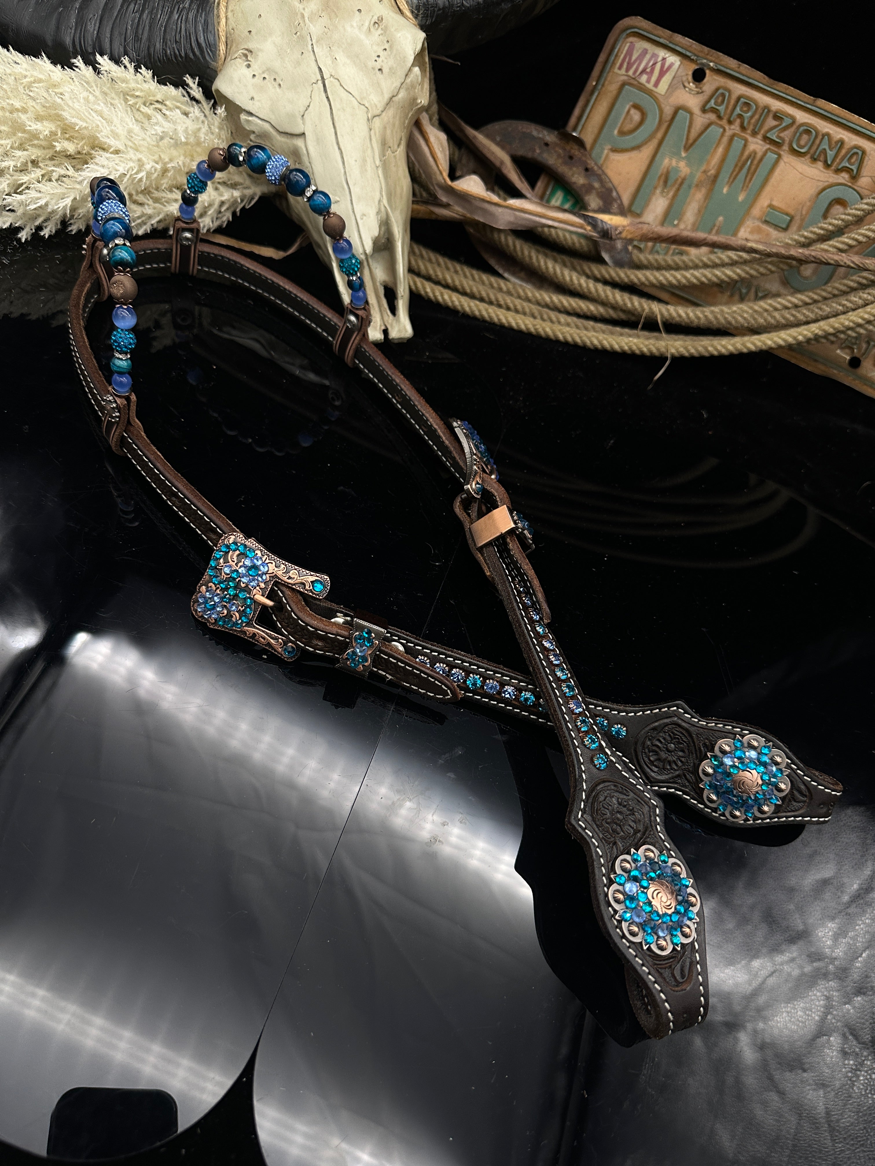 Premium | Dark brown western hoofdstel | Perfect Turkoois & Bleu