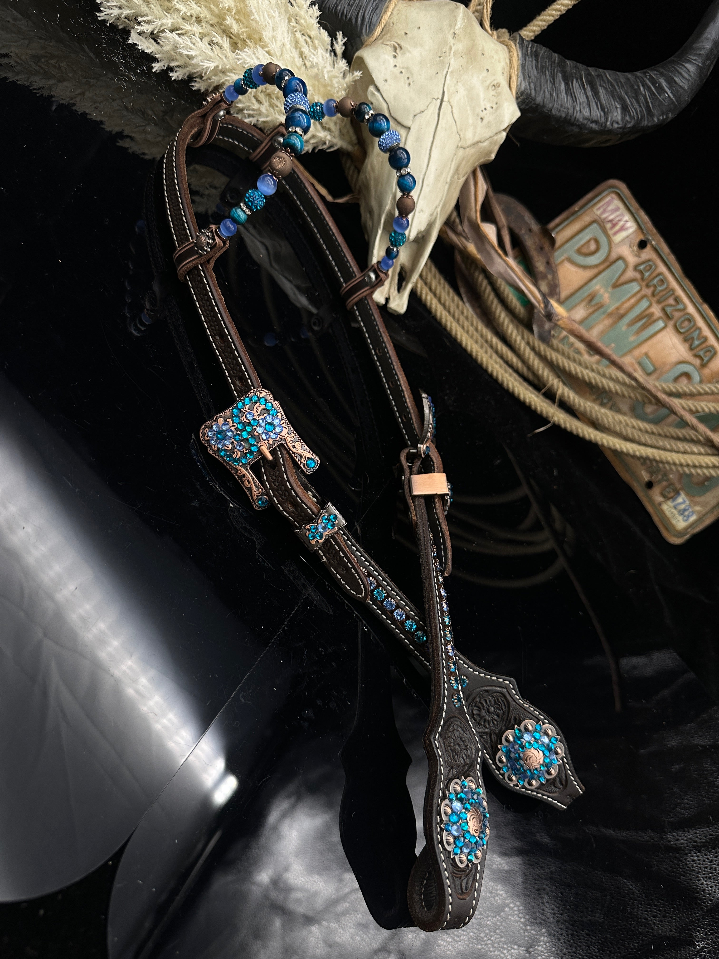 Premium | Dark brown western hoofdstel | Perfect Turkoois & Bleu