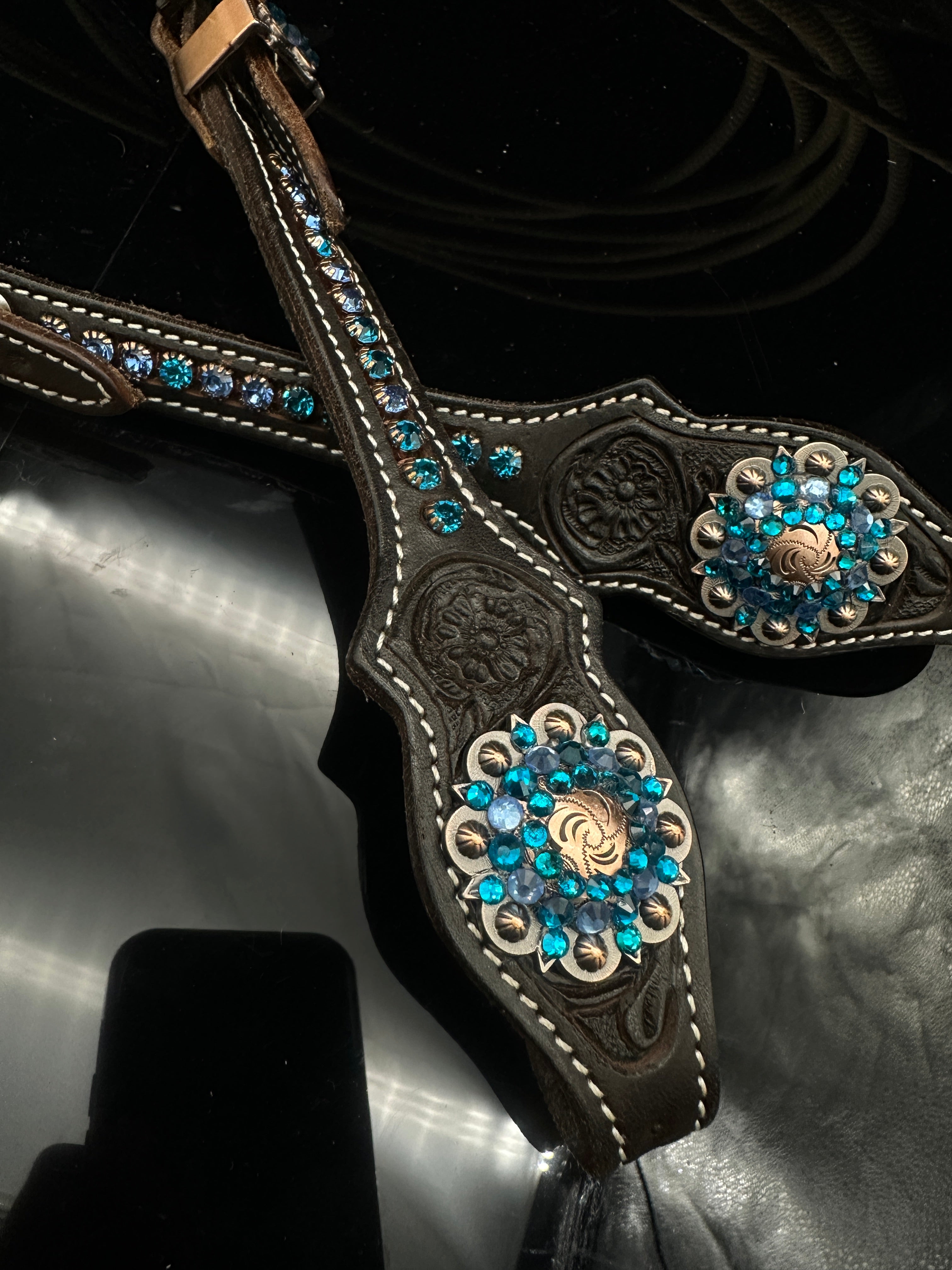 Premium | Dark brown western hoofdstel | Perfect Turkoois & Bleu