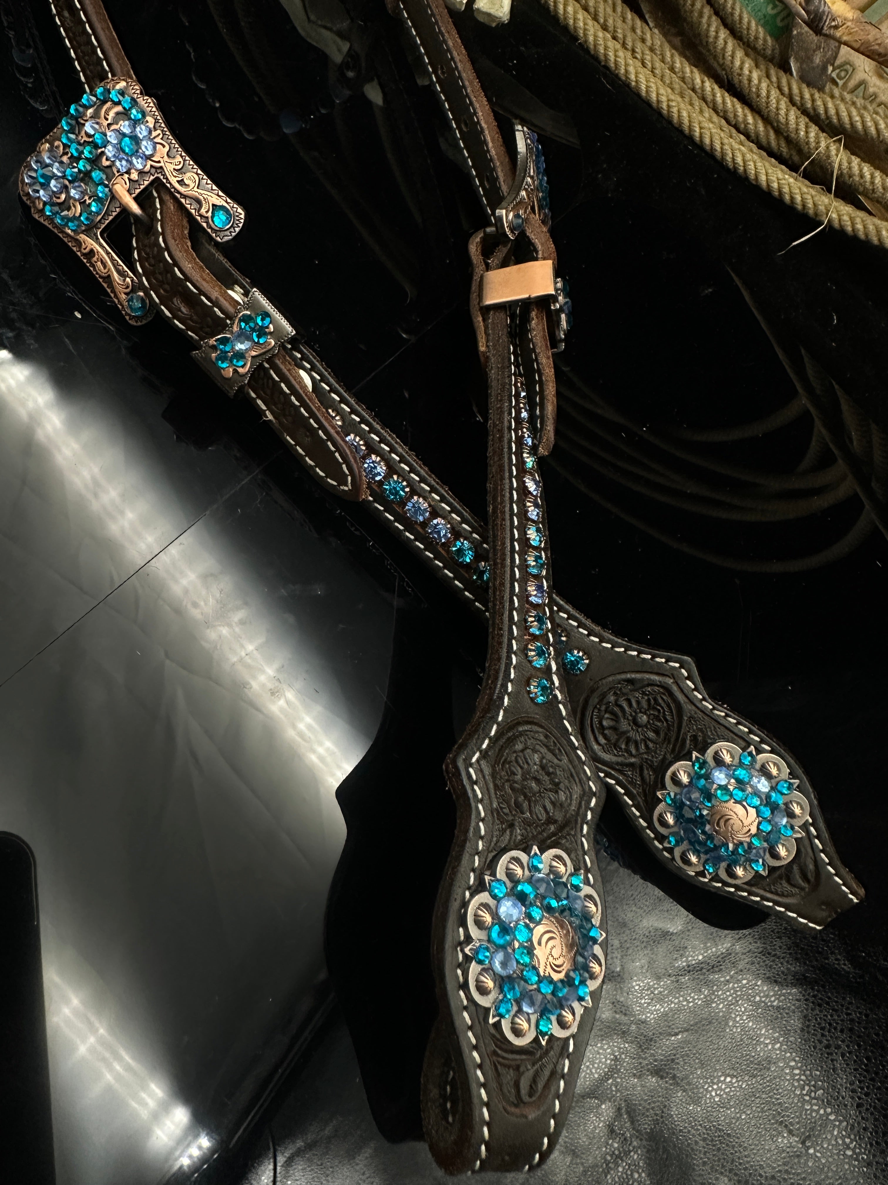 Premium | Dark brown western hoofdstel | Perfect Turkoois & Bleu