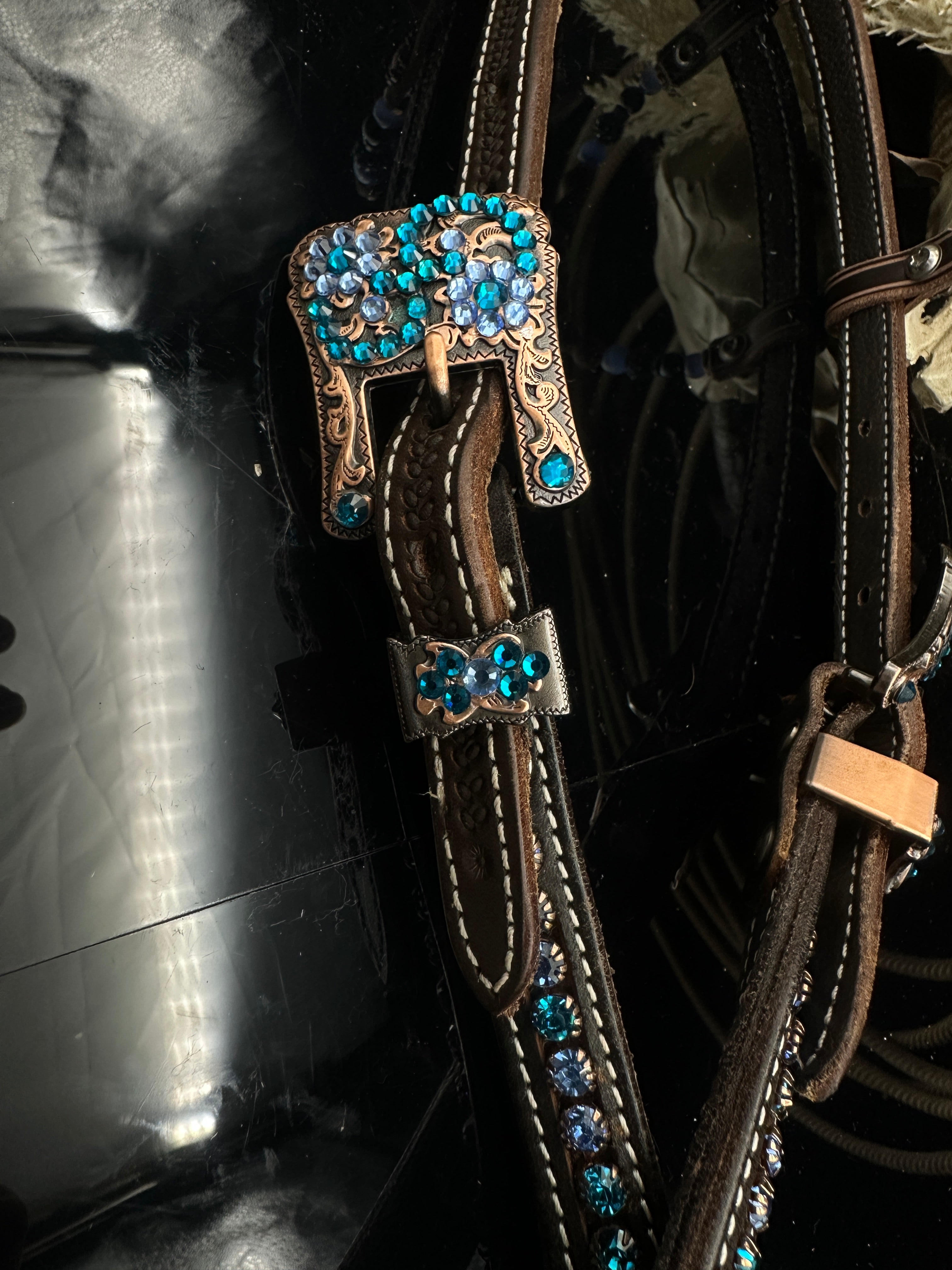 Premium | Dark brown western hoofdstel | Perfect Turkoois & Bleu