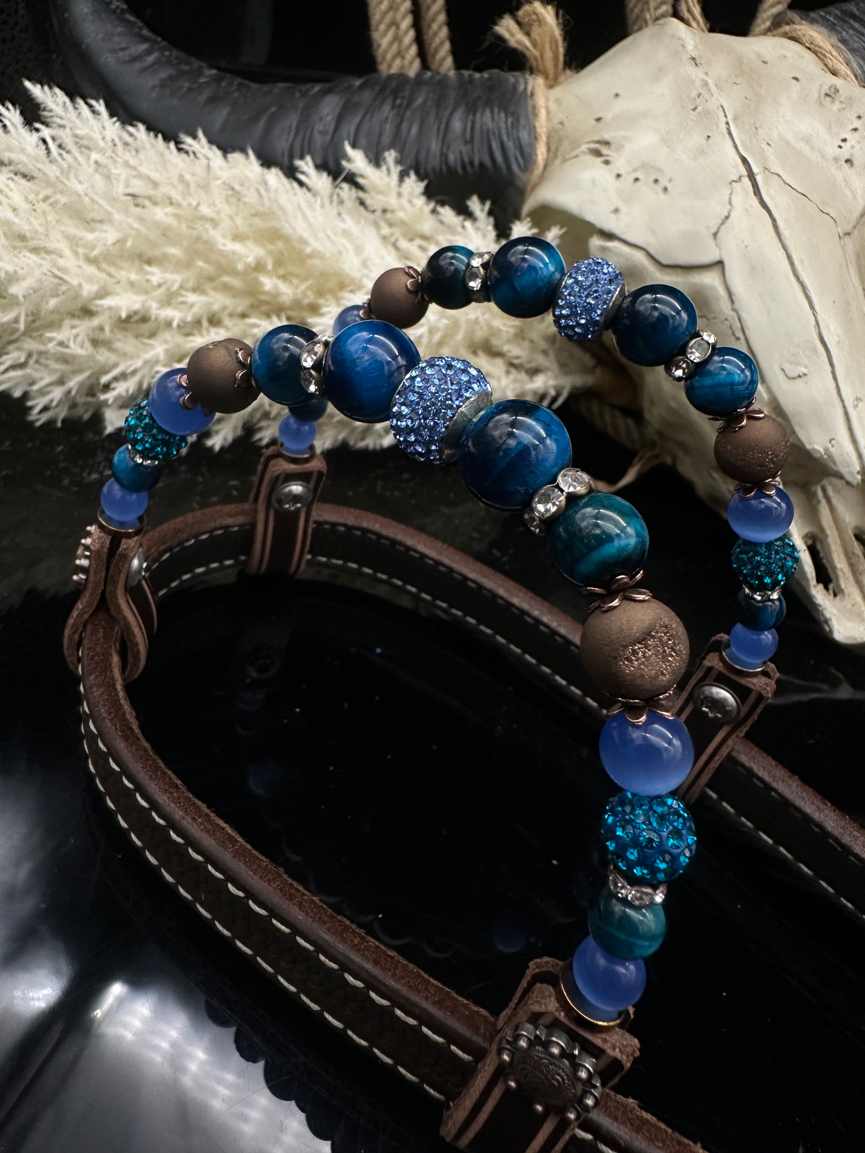 Premium | Dark brown western hoofdstel | Perfect Turkoois & Bleu