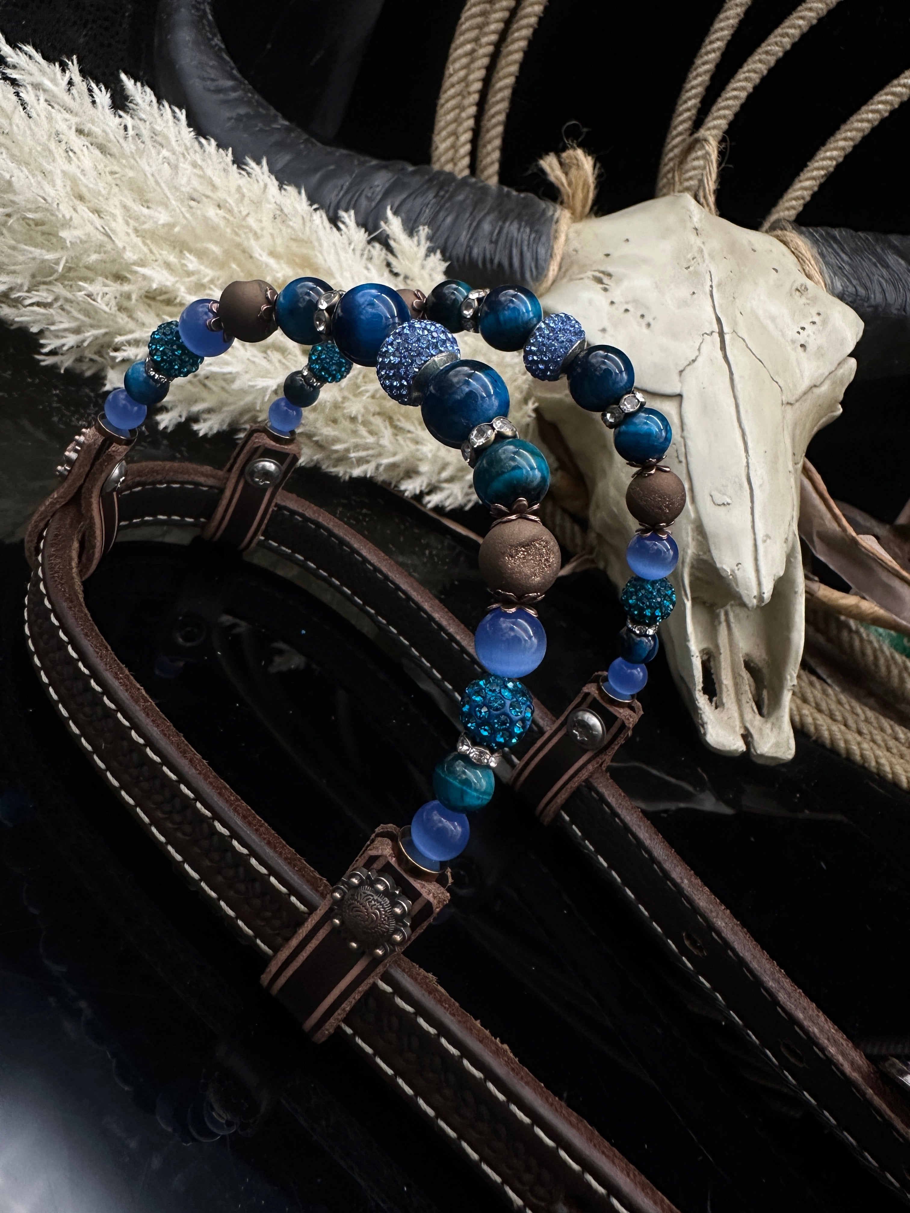 Premium | Dark brown western hoofdstel | Perfect Turkoois & Bleu