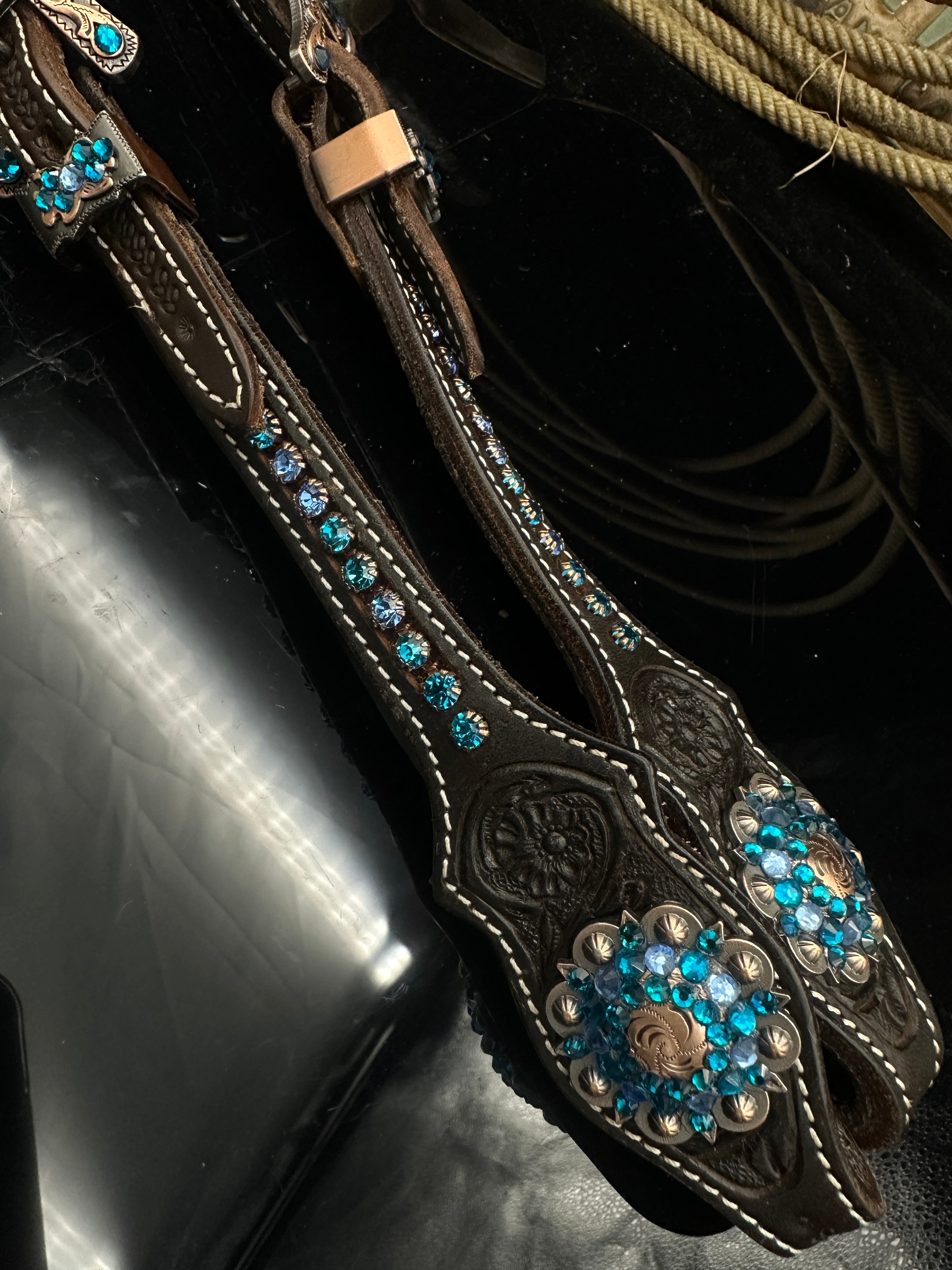 Premium | Dark brown western hoofdstel | Perfect Turkoois & Bleu