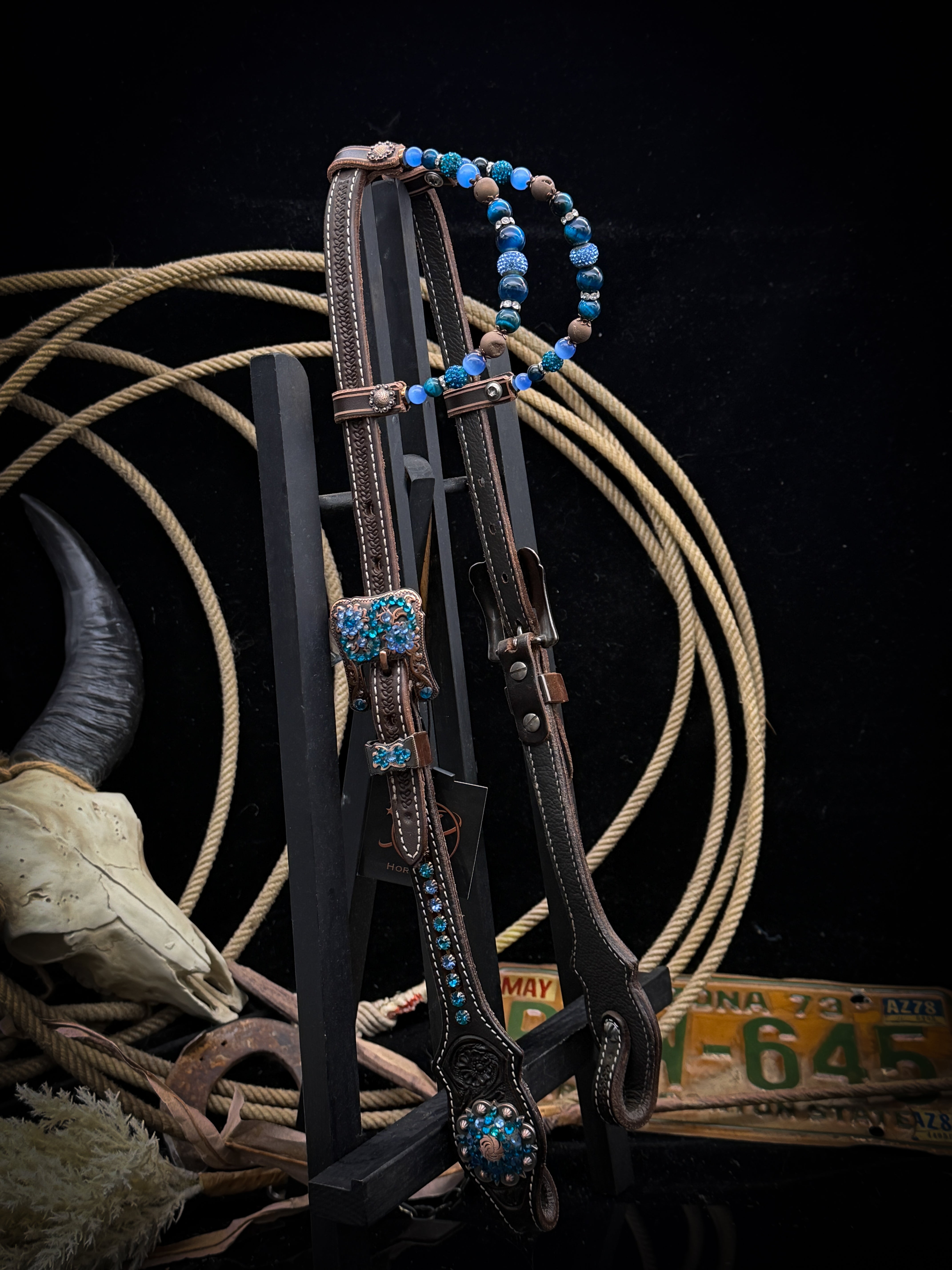 Premium | Perfect Turkoois & Bleu | Dark brown western hoofdstel