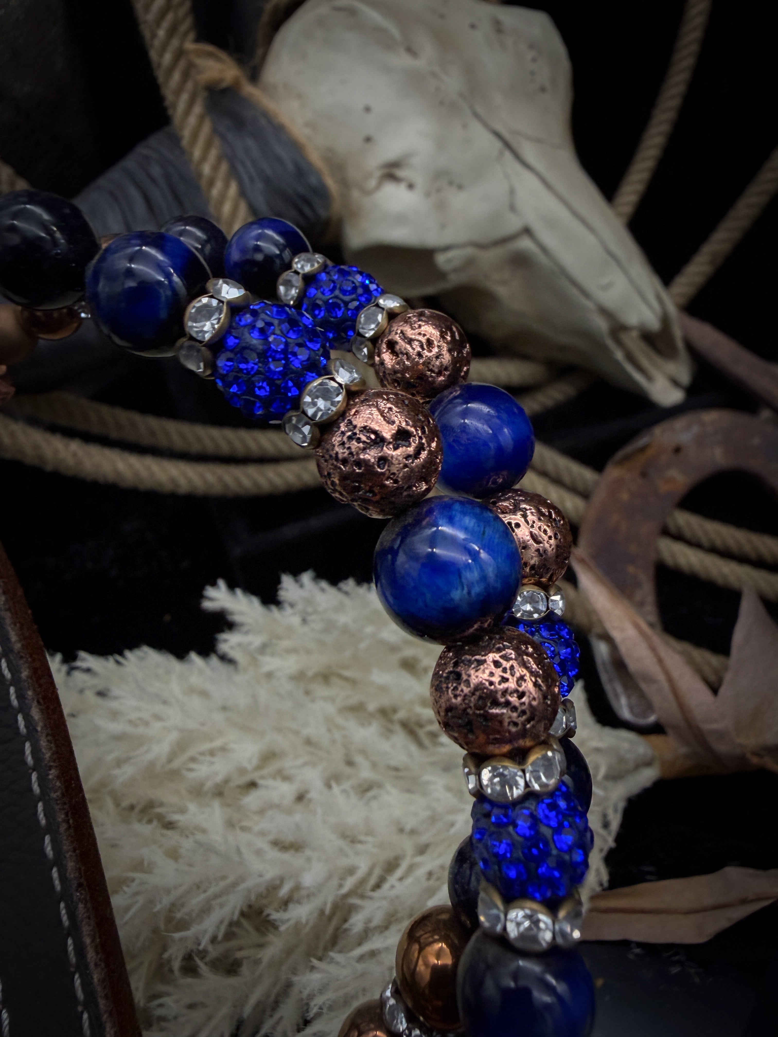 Premium | Chestnut flower tooled western hoofdstel | Copper & Blue