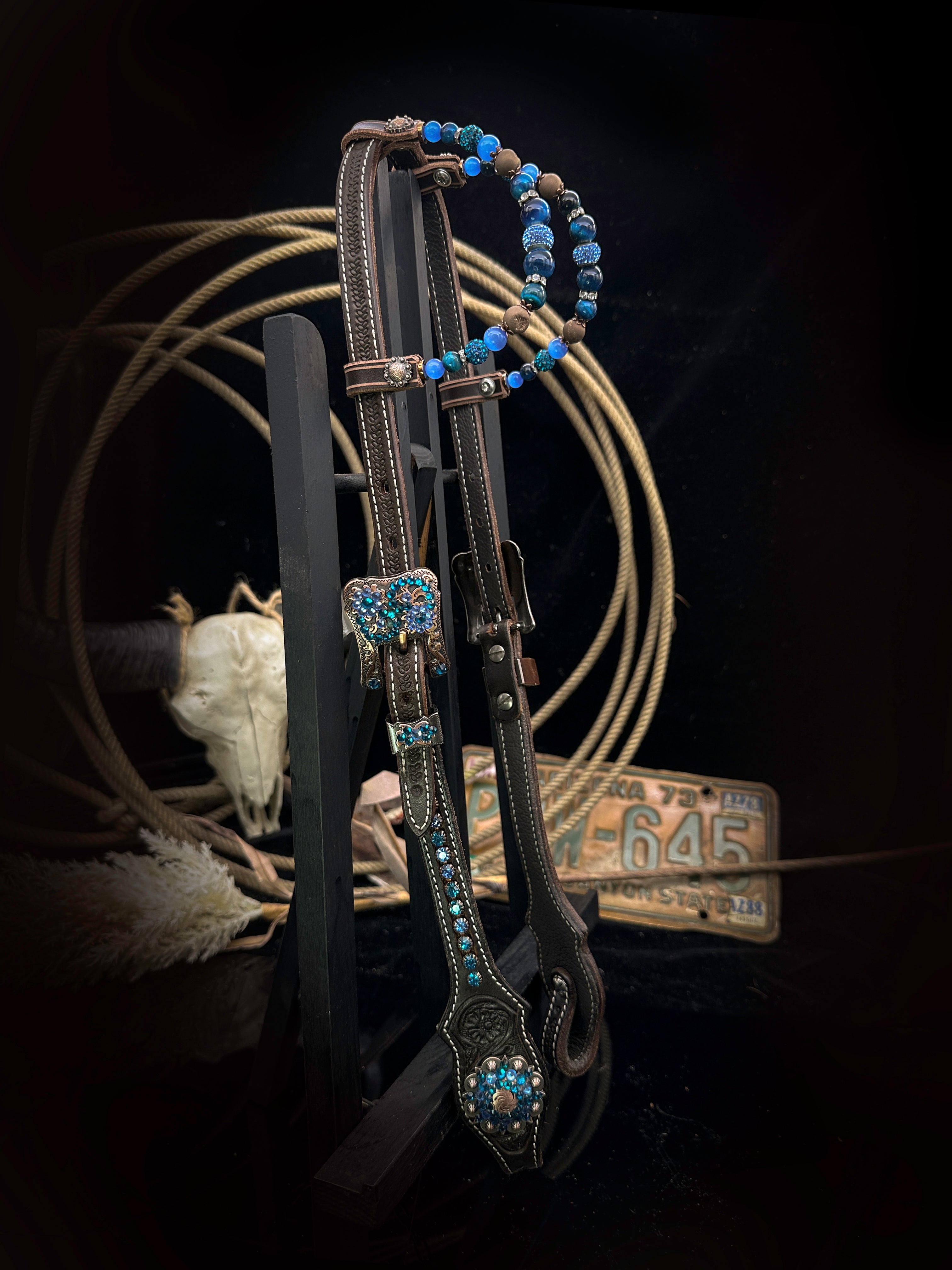 Premium | Perfect Turkoois & Bleu | Dark brown western hoofdstel