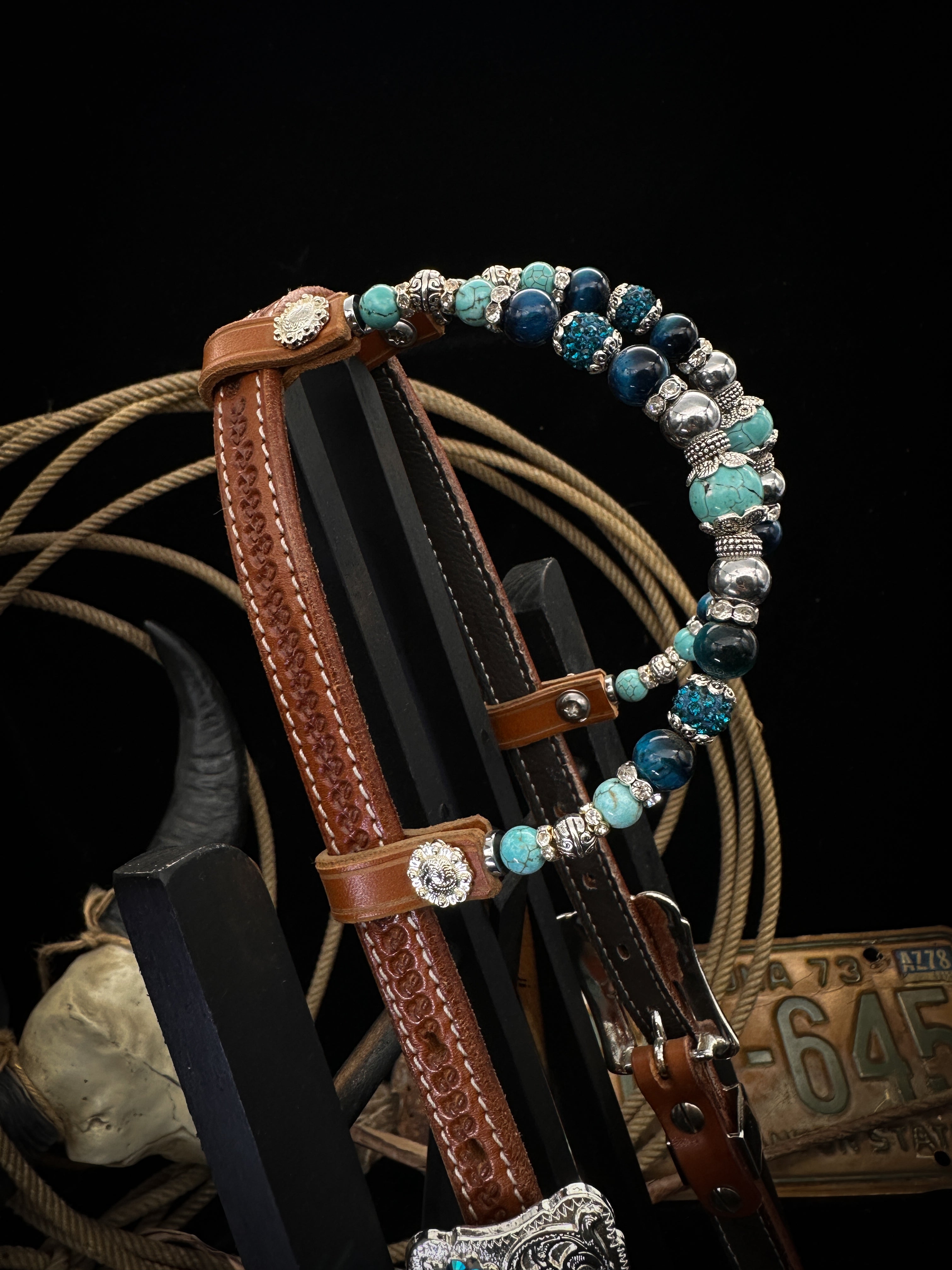 Premium | Petrol & turkoois | Floral tooled western hoofdstel