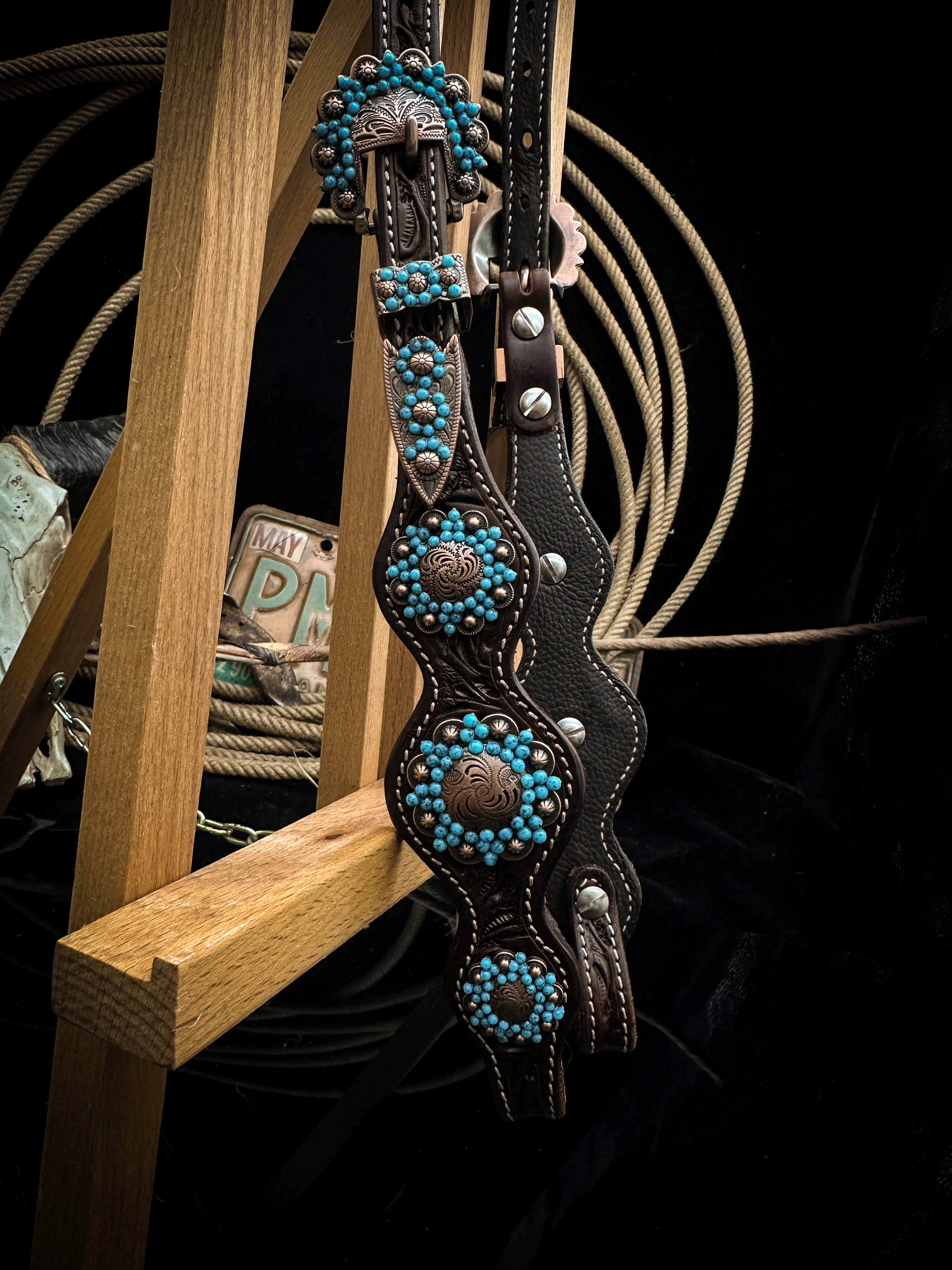 Premium | Dark brown western bridle | Turquoise
