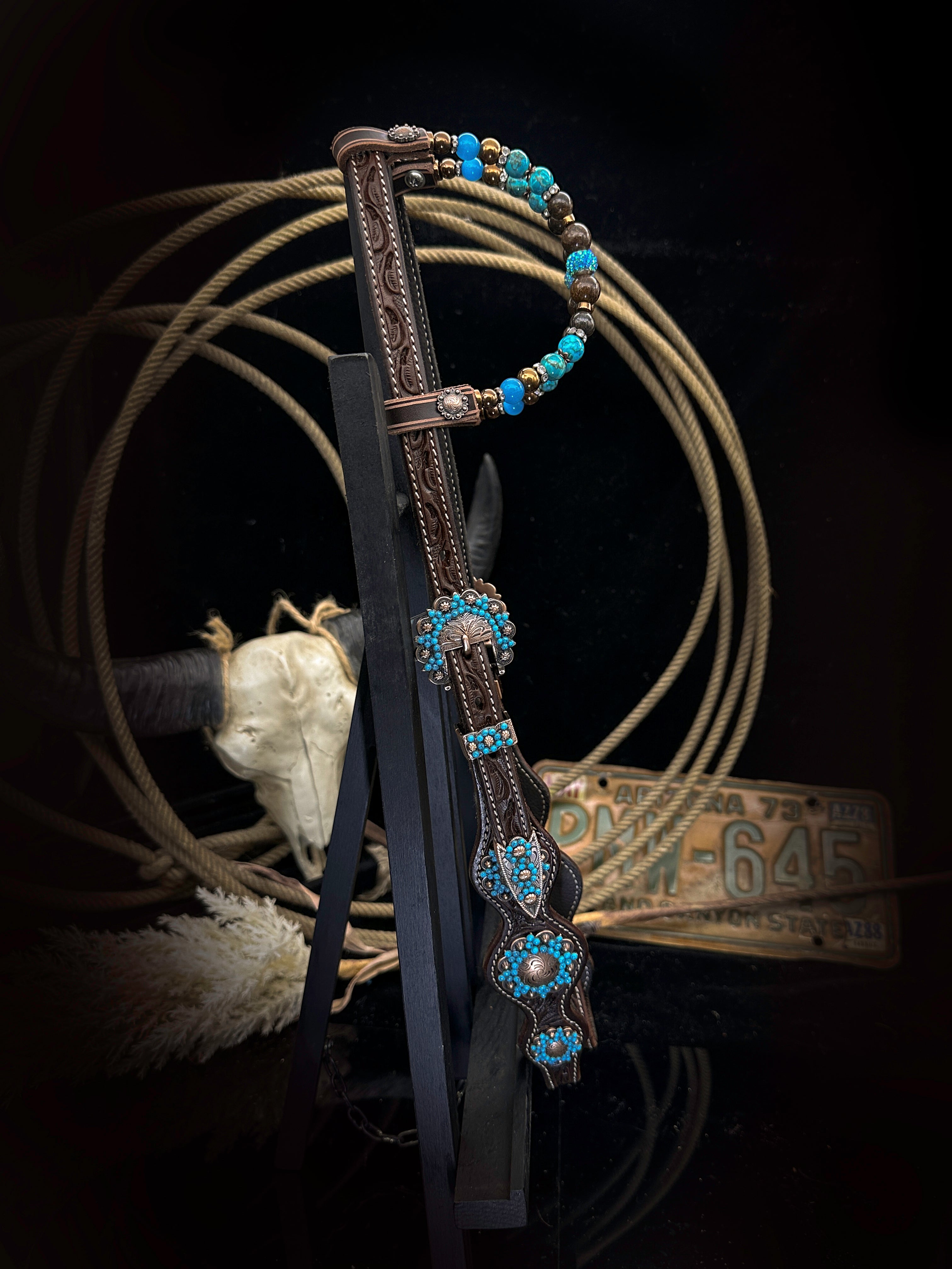 Premium | Dark brown western bridle | Turquoise