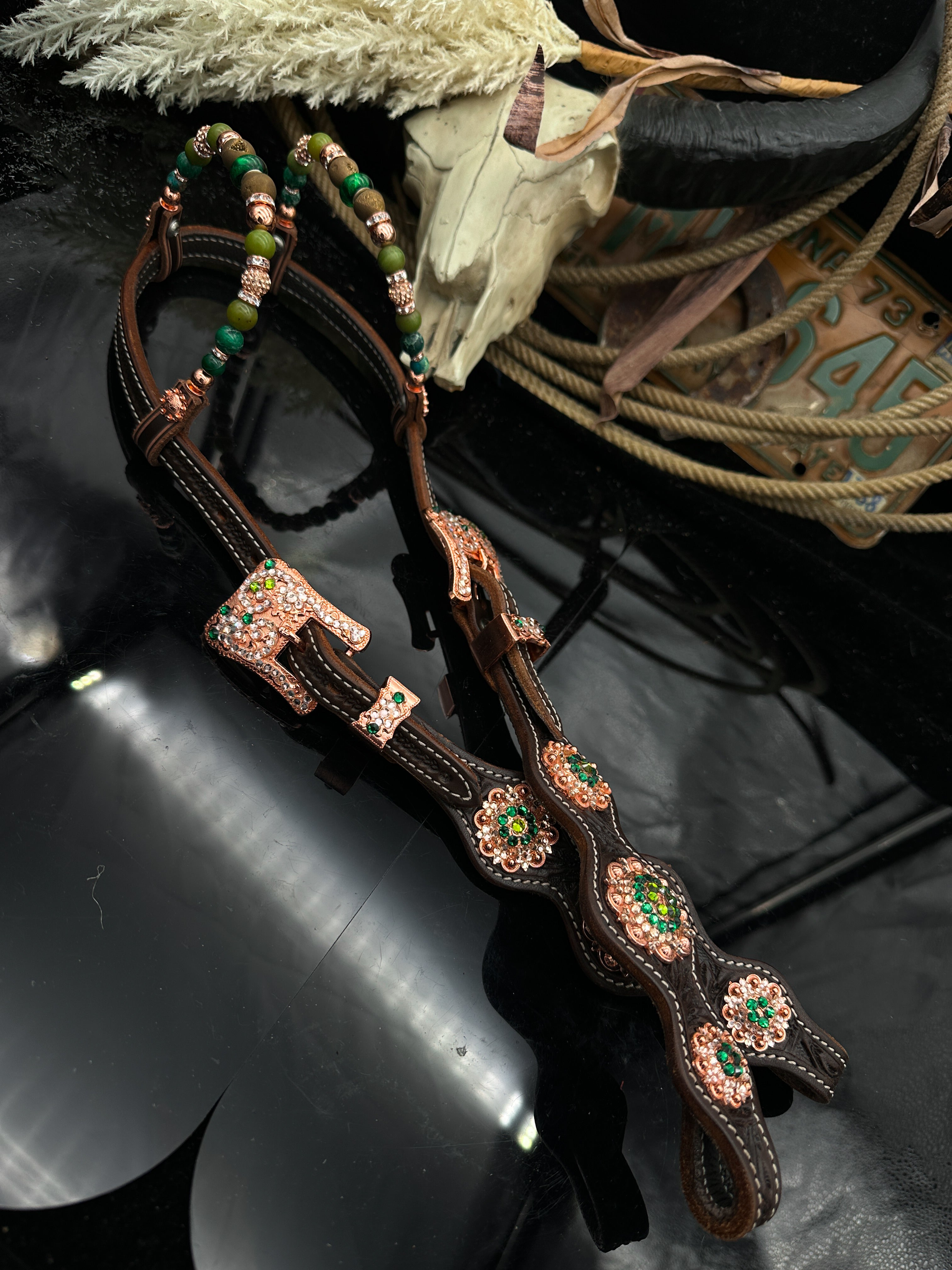 Sierra Sunset | Premium western Bridle | Dark brown rose gold &amp; green