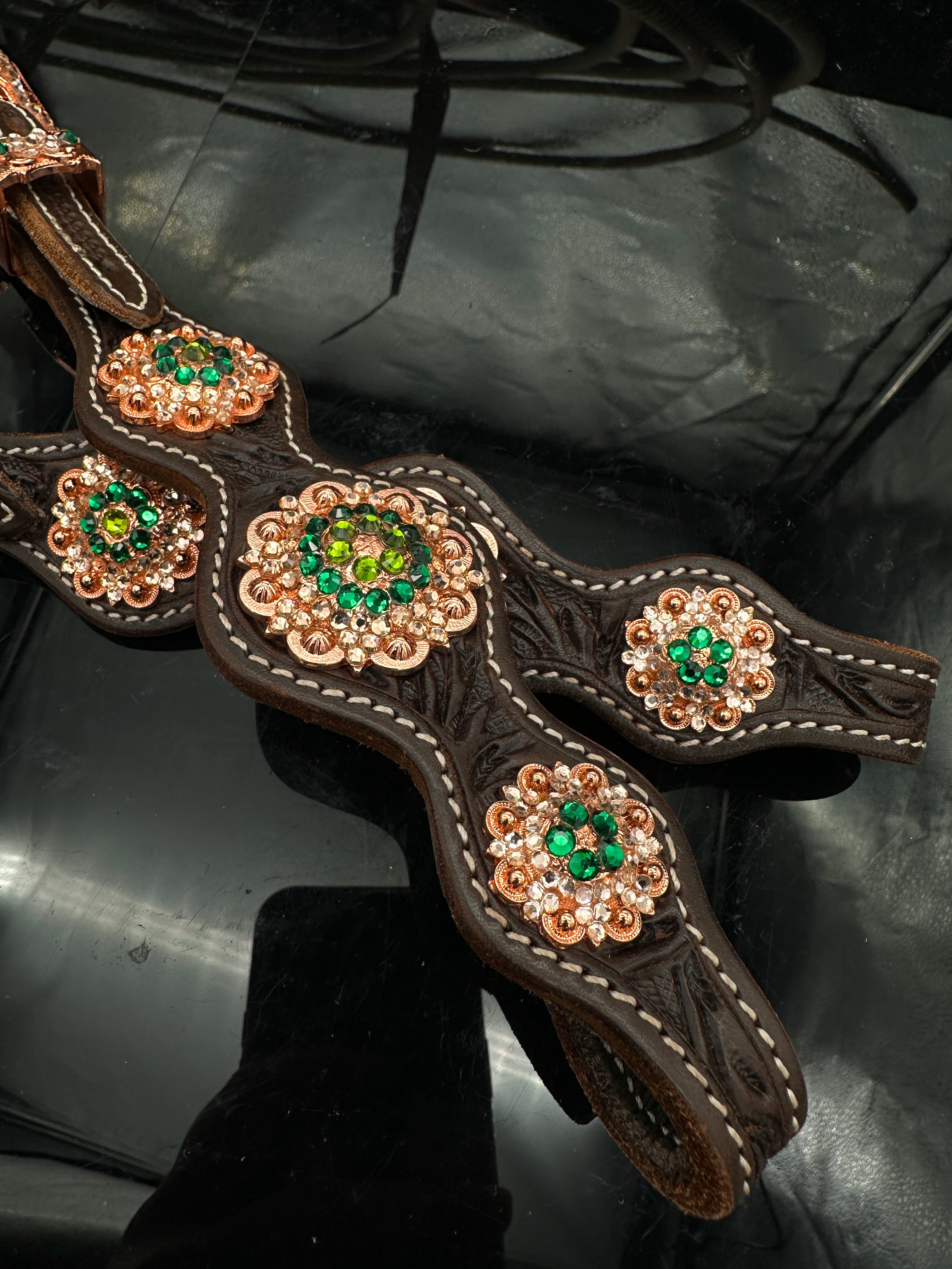 Sierra Sunset | Premium western Bridle | Dark brown rose gold &amp; green
