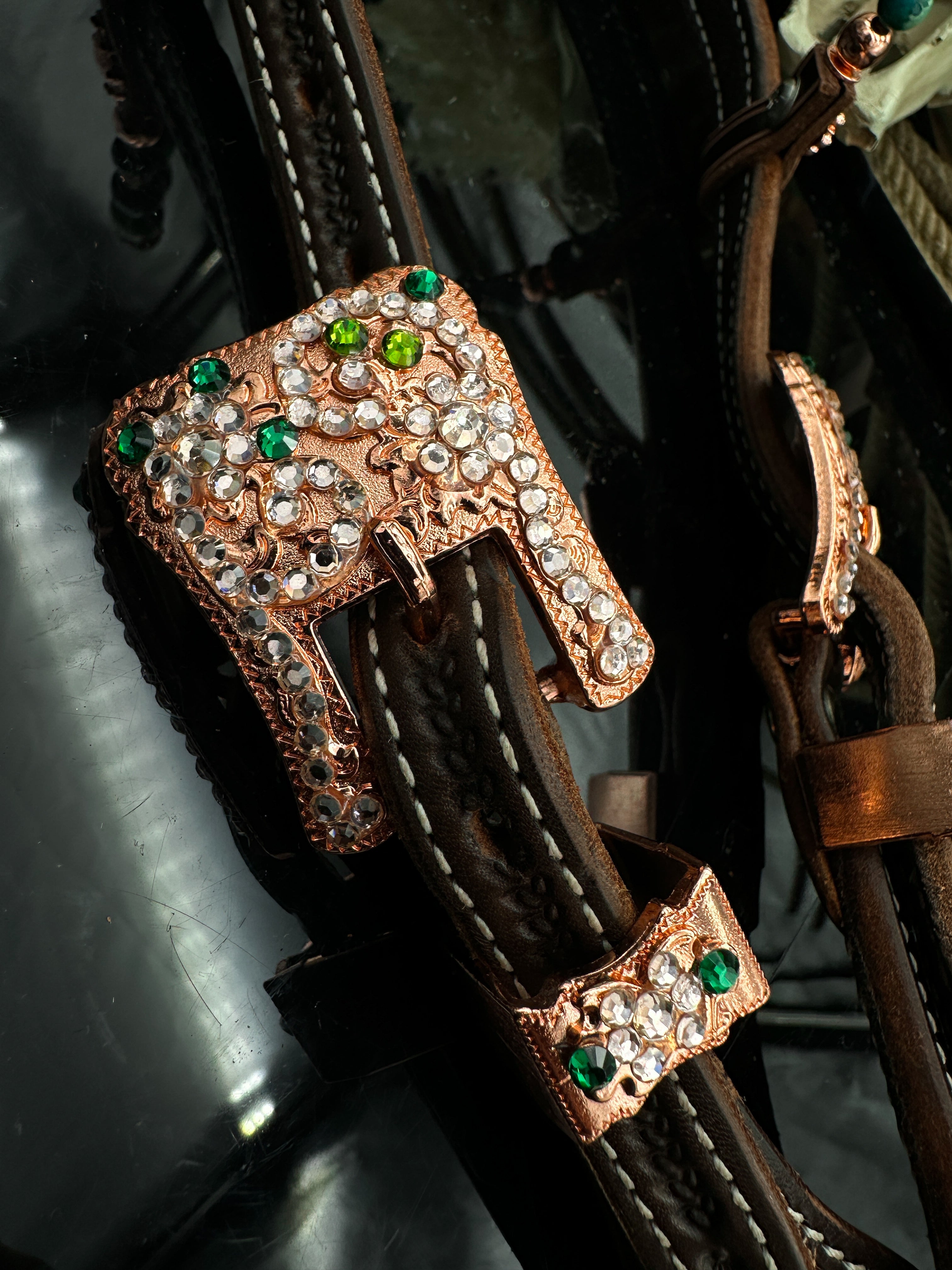 Sierra Sunset | Premium western Bridle | Dark brown rose gold &amp; green