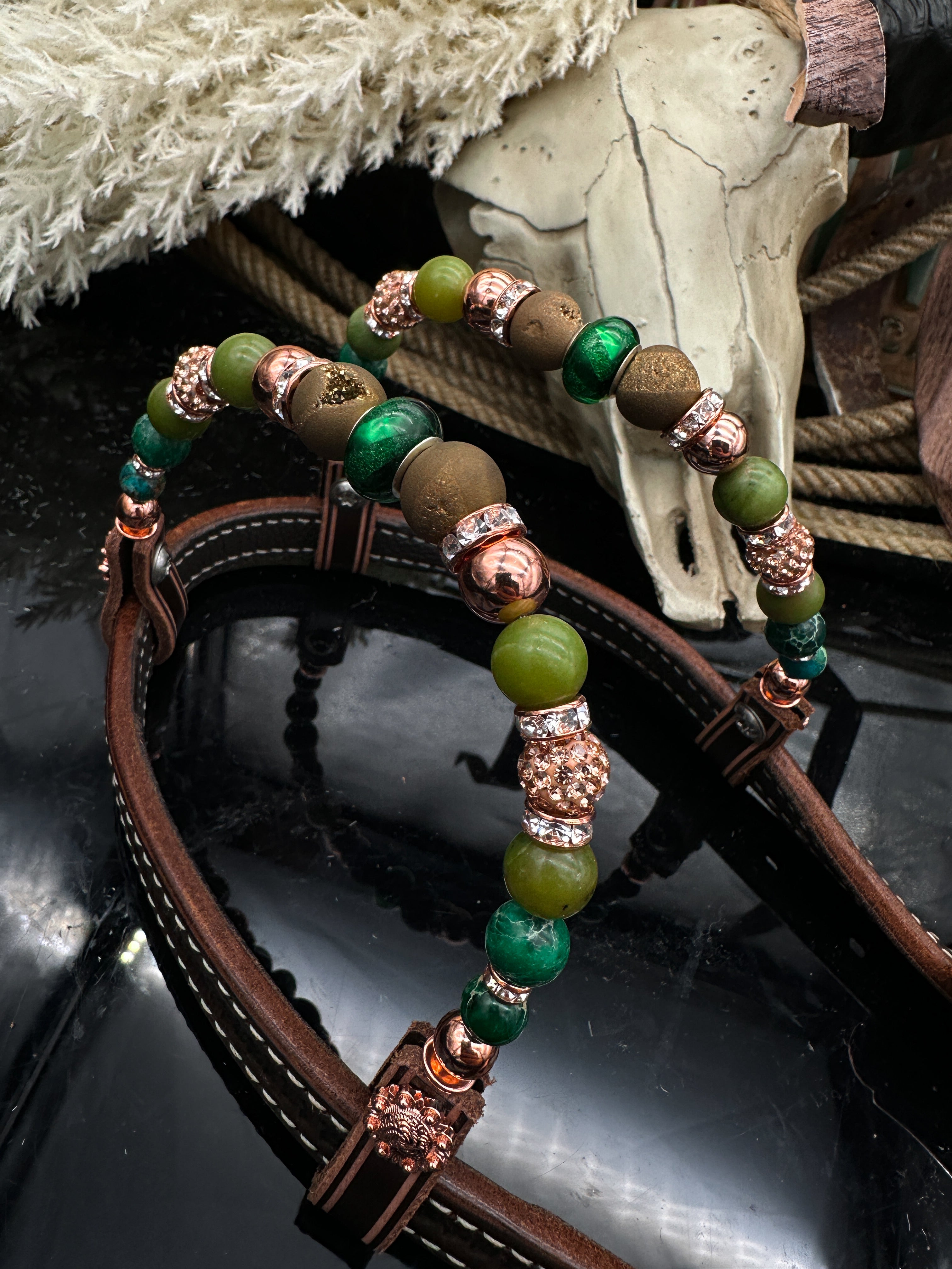 Sierra Sunset | Premium western Bridle | Dark brown rose gold &amp; green