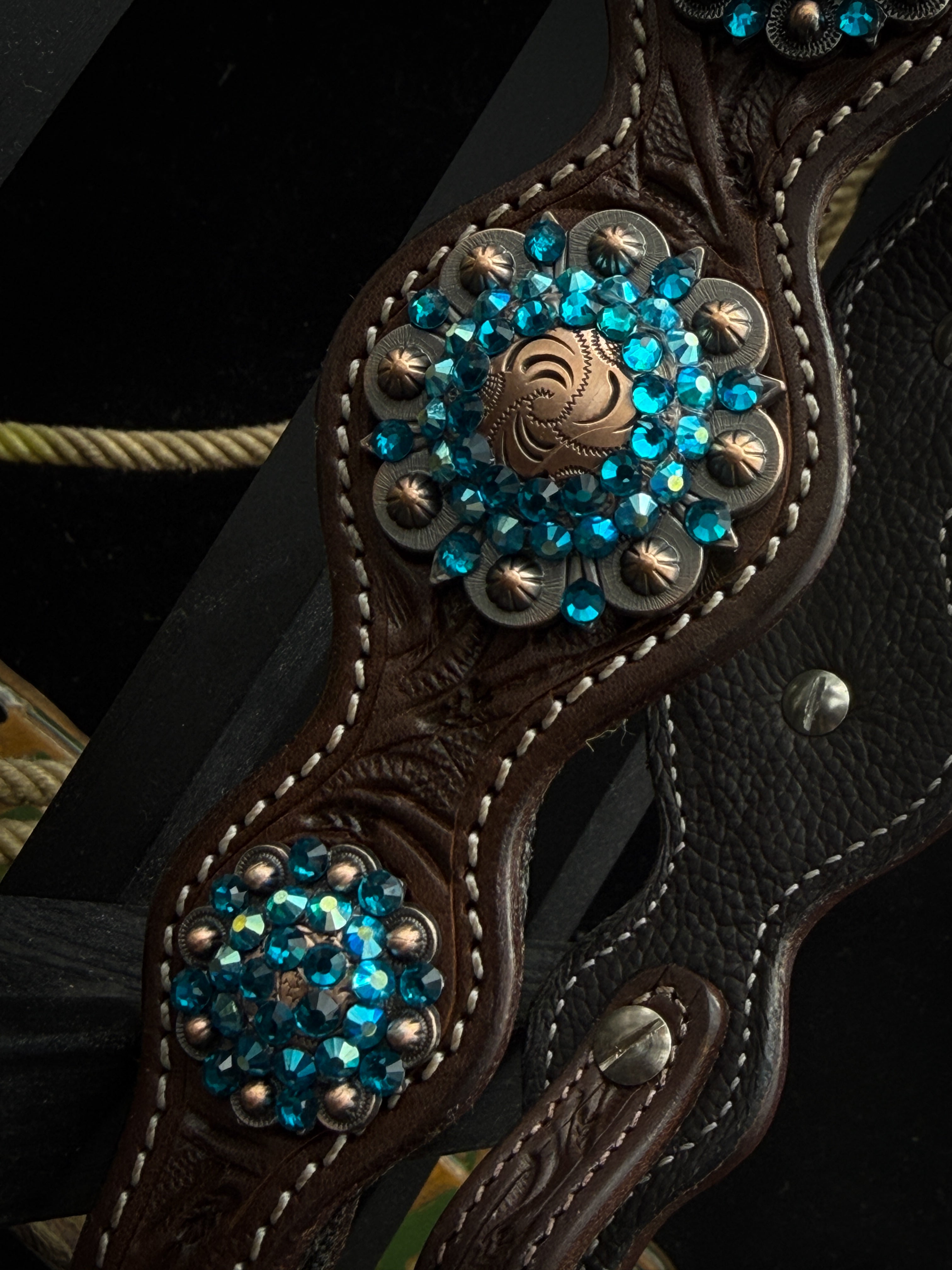 Premium | Western headstall | Antique dark chestnut | Turquoise Shine