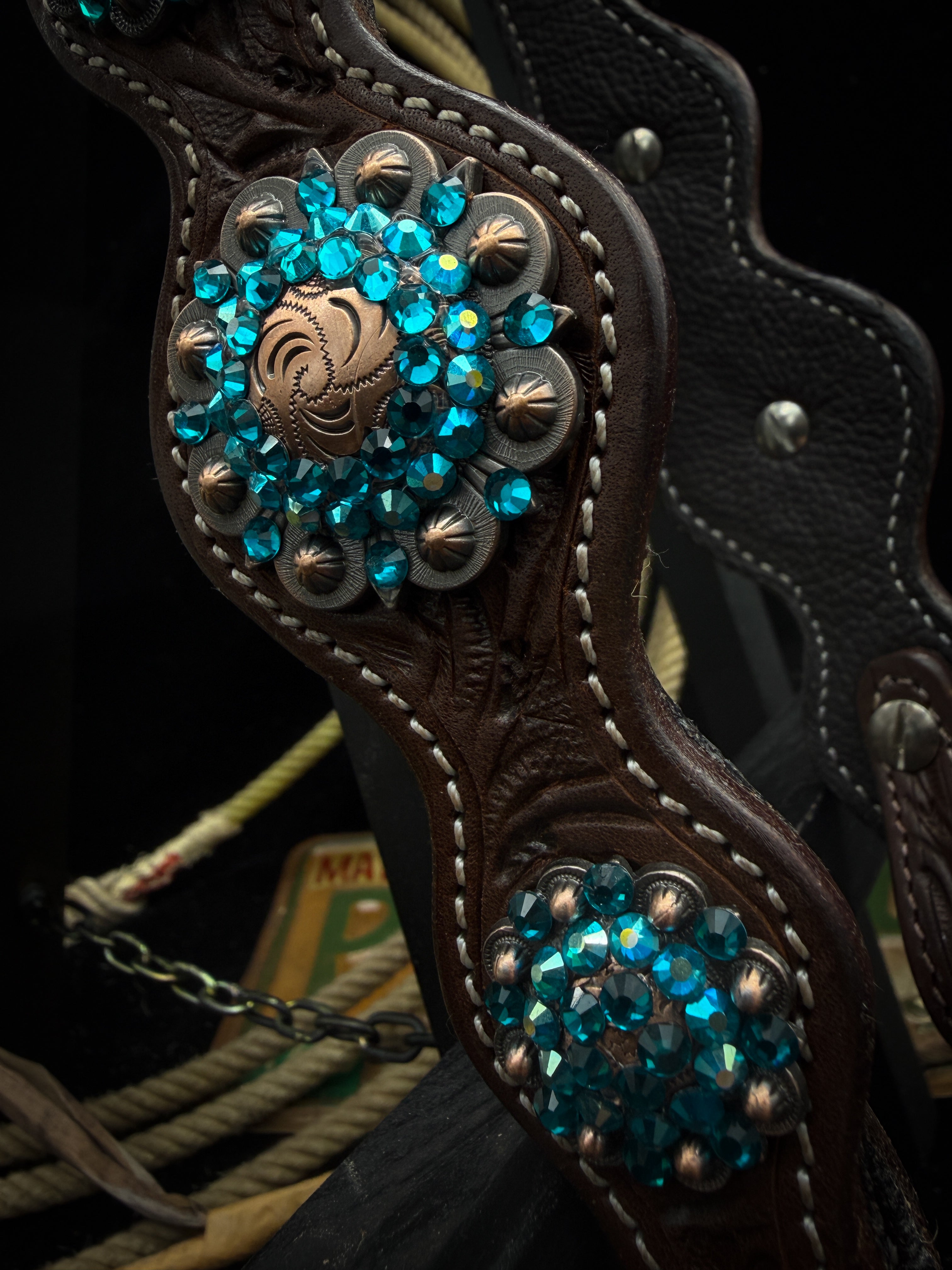 Premium | Western headstall | Antique dark chestnut | Turquoise Shine