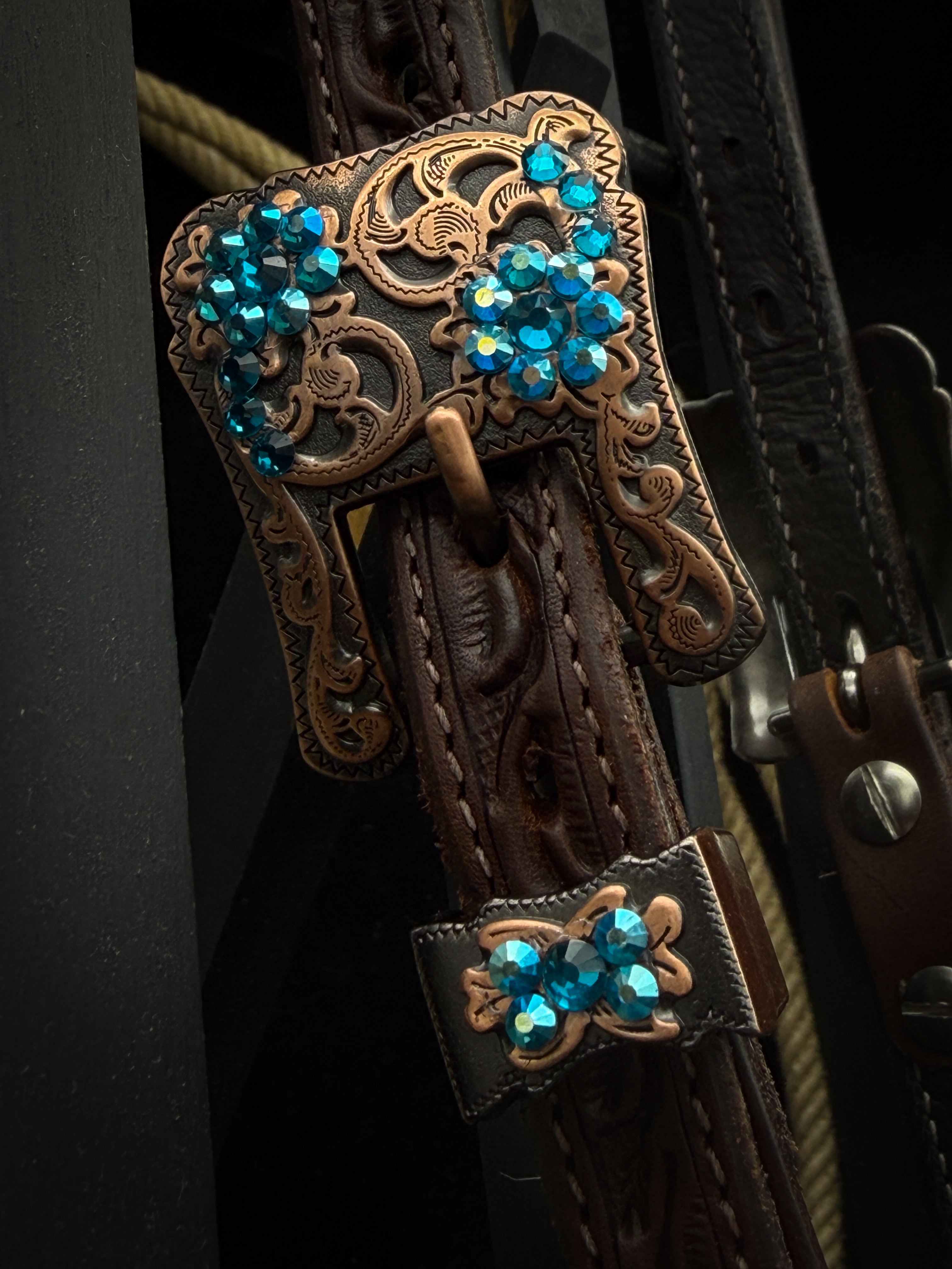 Premium | Western headstall | Antique dark chestnut | Turquoise Shine