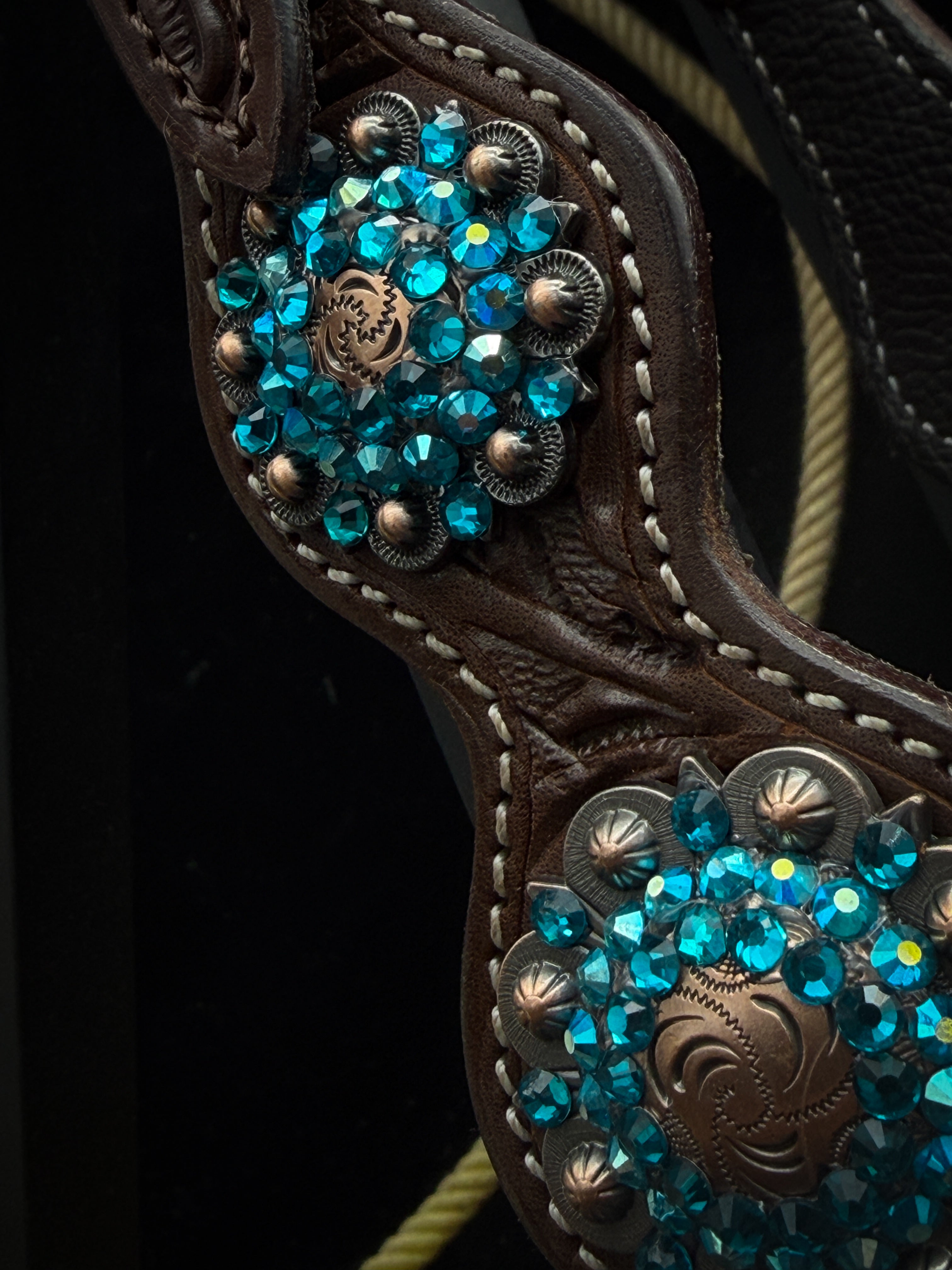 Premium | Western headstall | Antique dark chestnut | Turquoise Shine