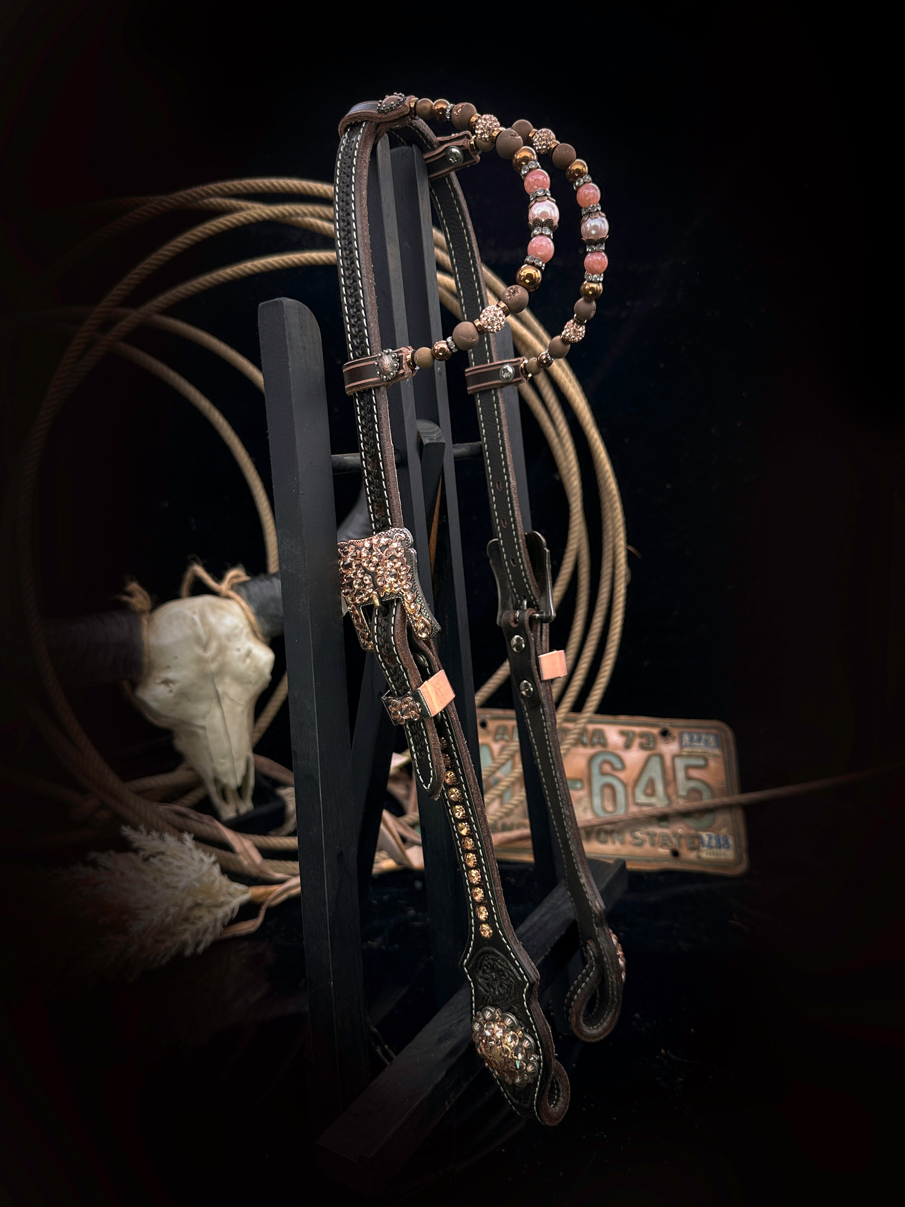 Premium | Dark Chestnut western Bridle | Light Peach &amp; Copper