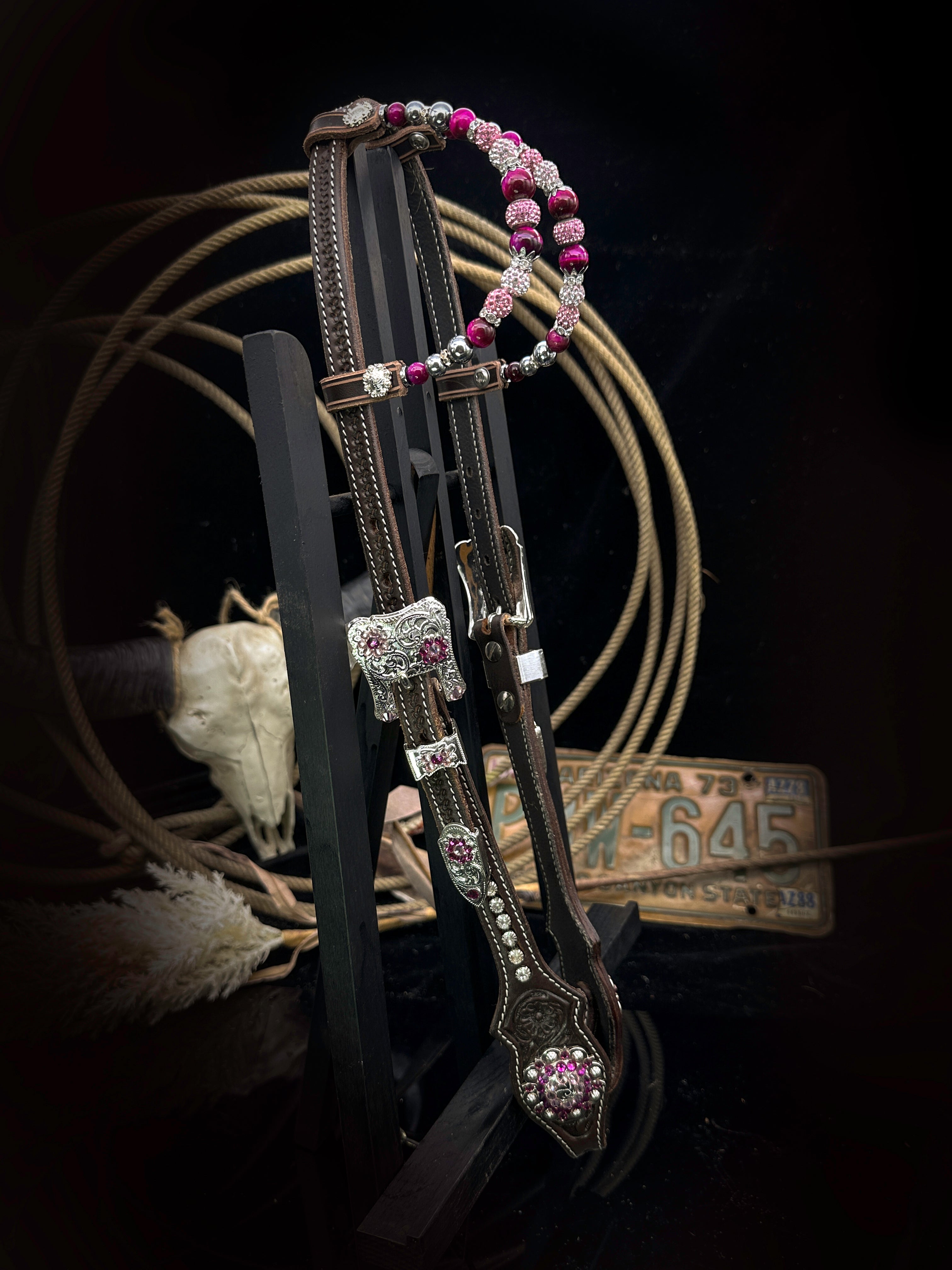 Premium | dark brown floral western bridle | Silver &amp; pink 