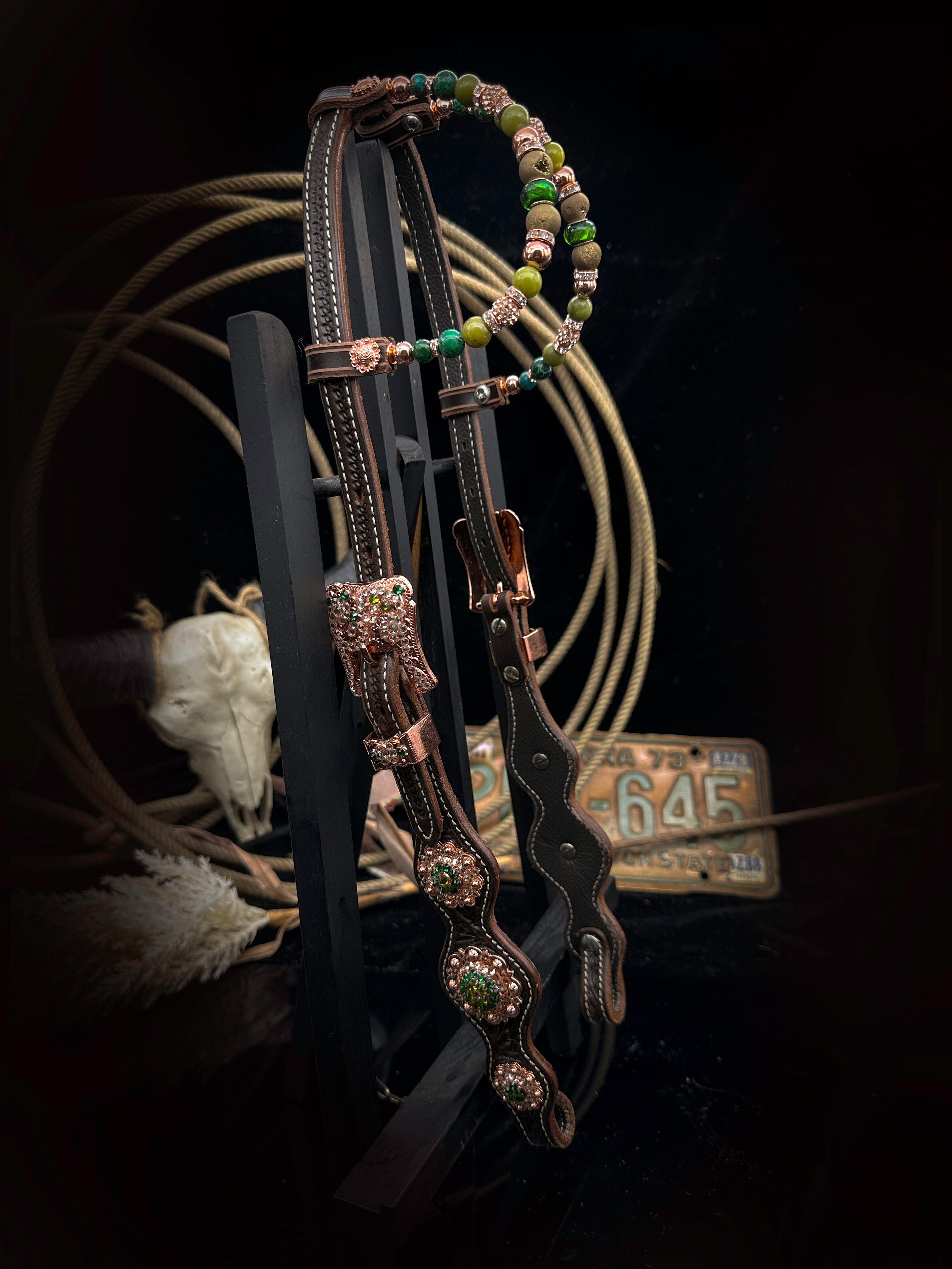 Sierra Sunset | Premium western Bridle | Dark brown rose gold &amp; green