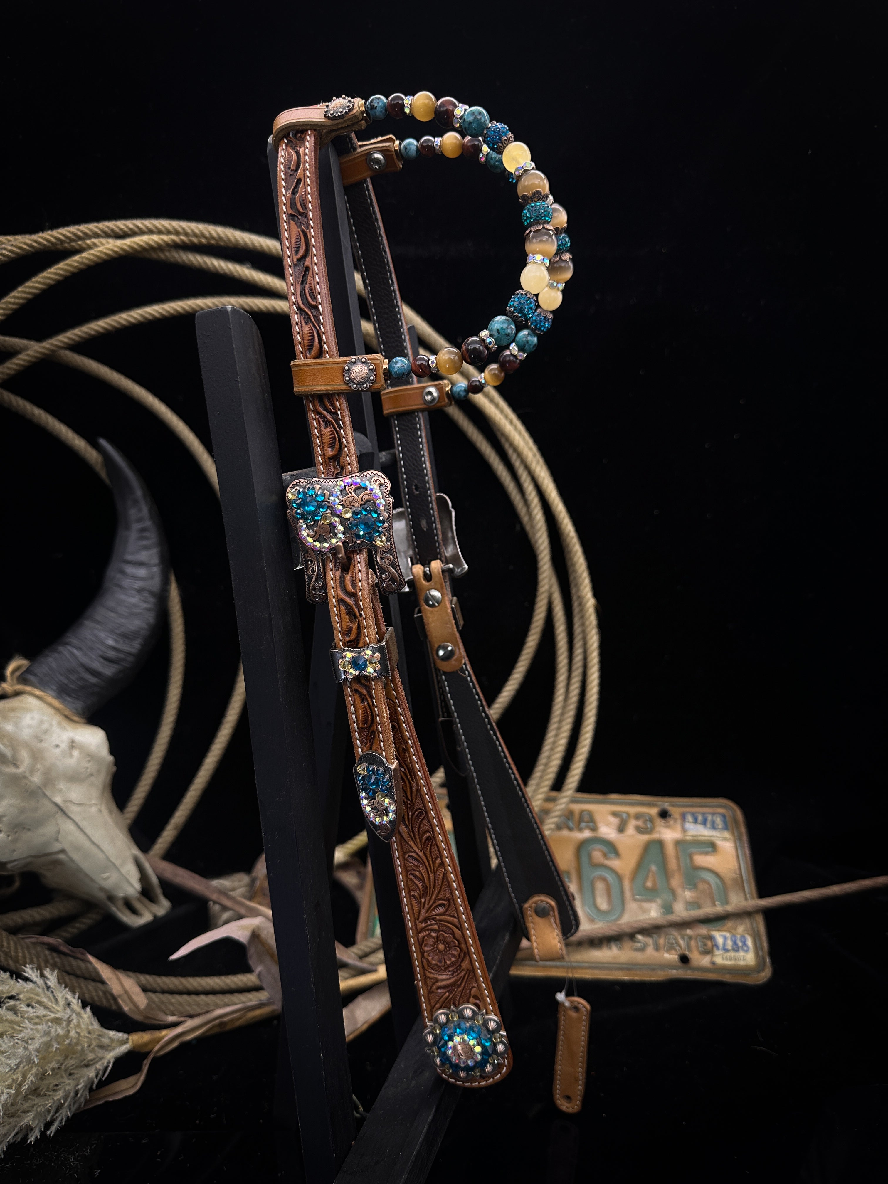 Premium | Pastel Petrol | Antique chestnut western hoofdstel