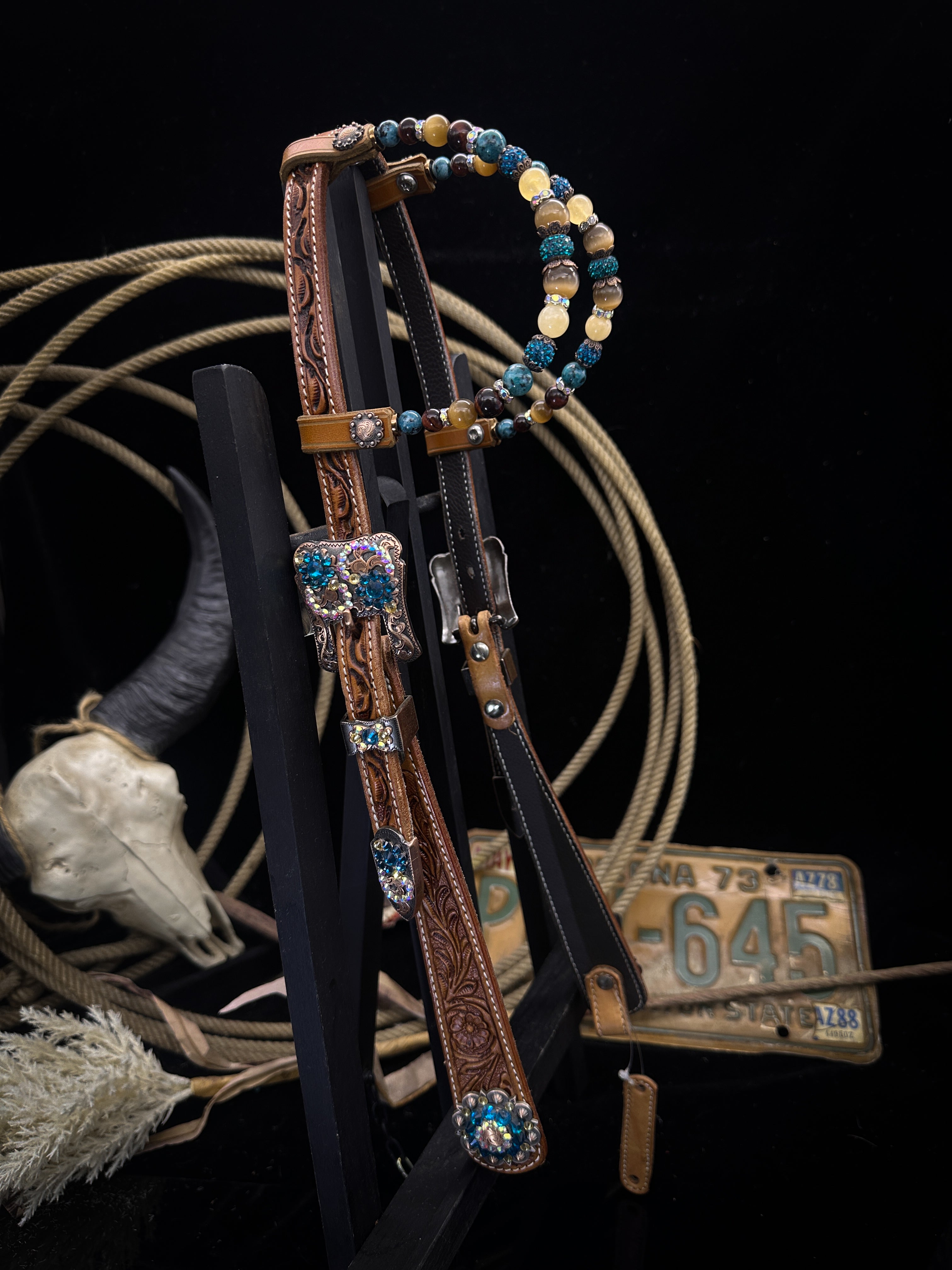 Premium | Pastel Petrol | Antique chestnut western hoofdstel