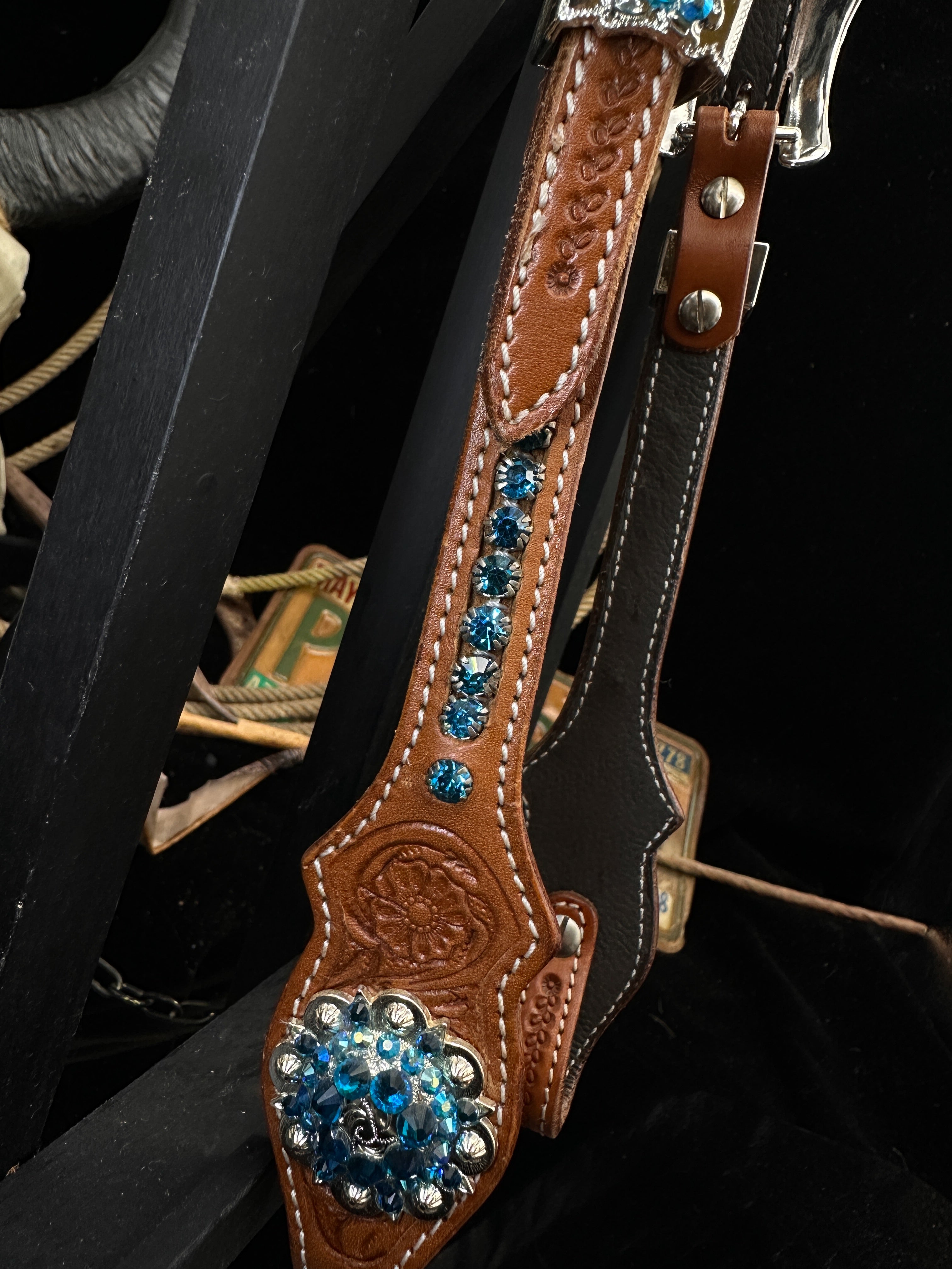 Premium | Petrol & turkoois  | Floral tooled western hoofdstel