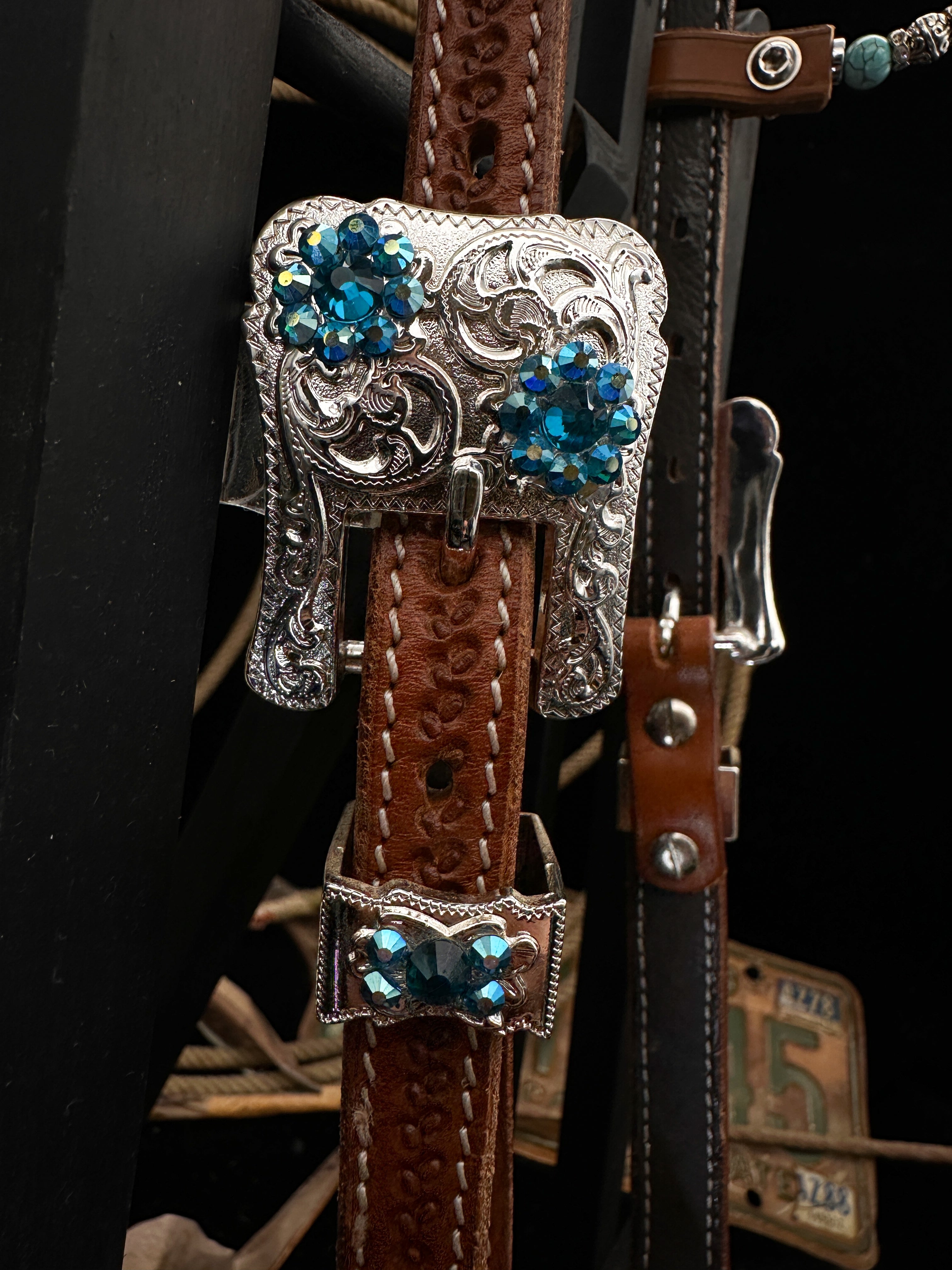 Premium | Petrol & turkoois  | Floral tooled western hoofdstel