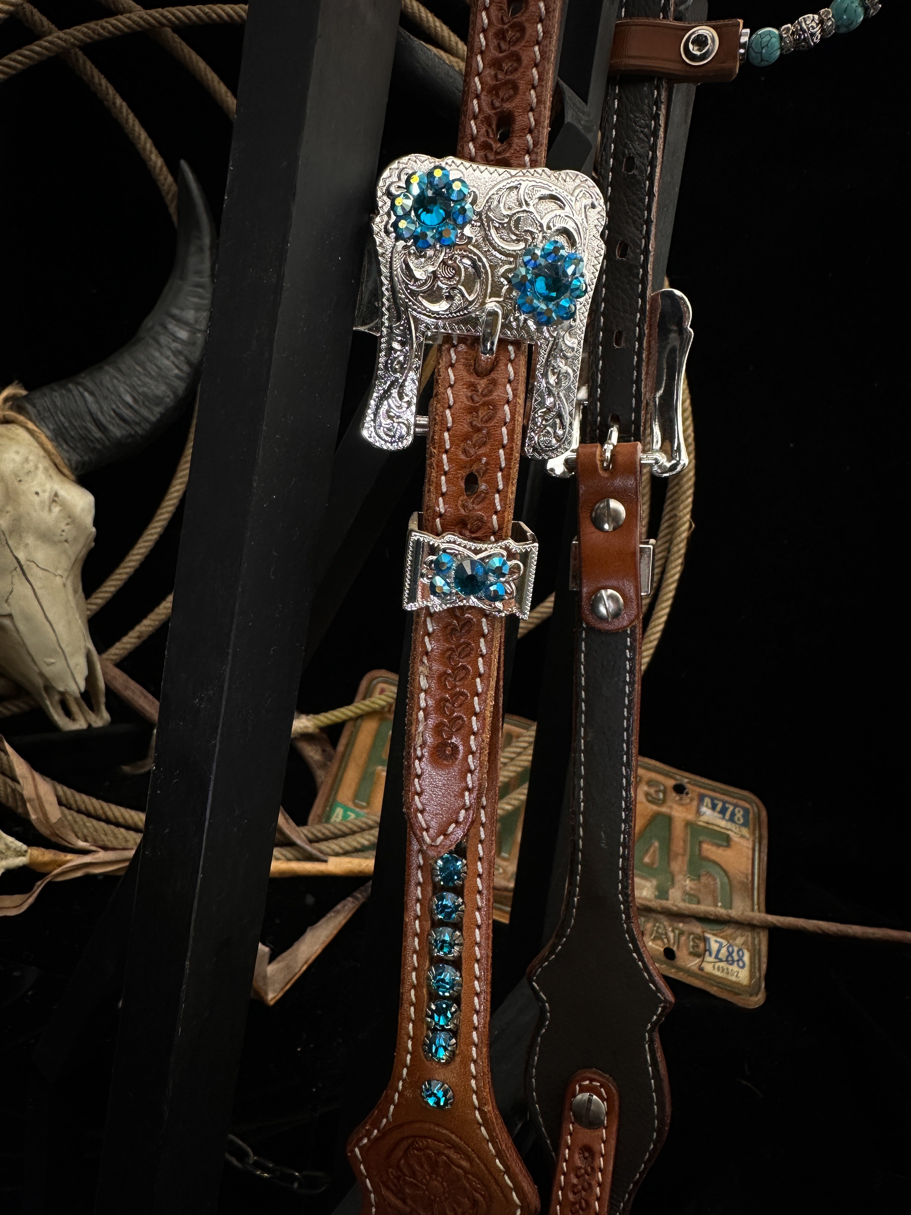 Premium | Petrol & turkoois  | Floral tooled western hoofdstel