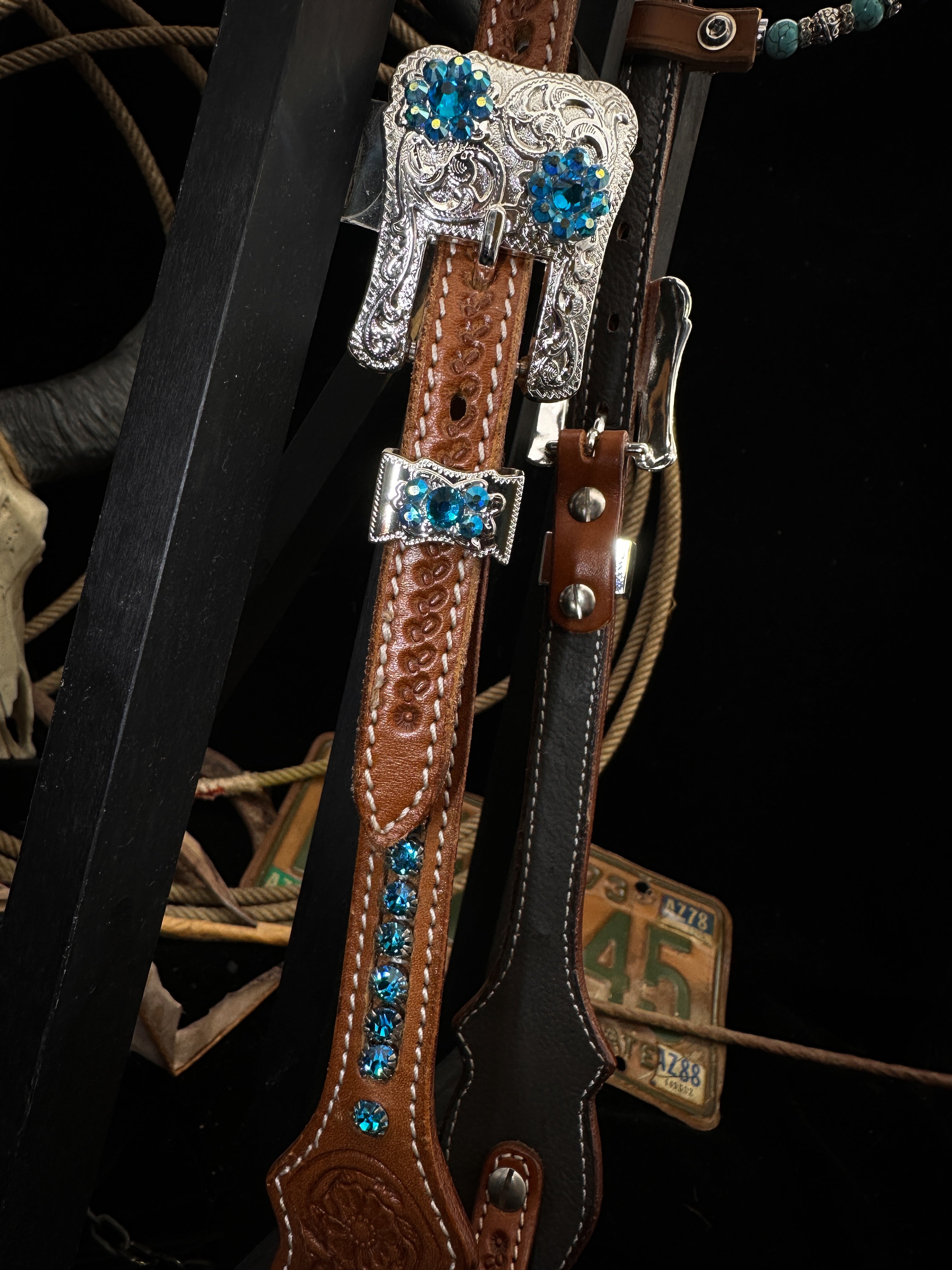 Premium | Petrol & turkoois  | Floral tooled western hoofdstel