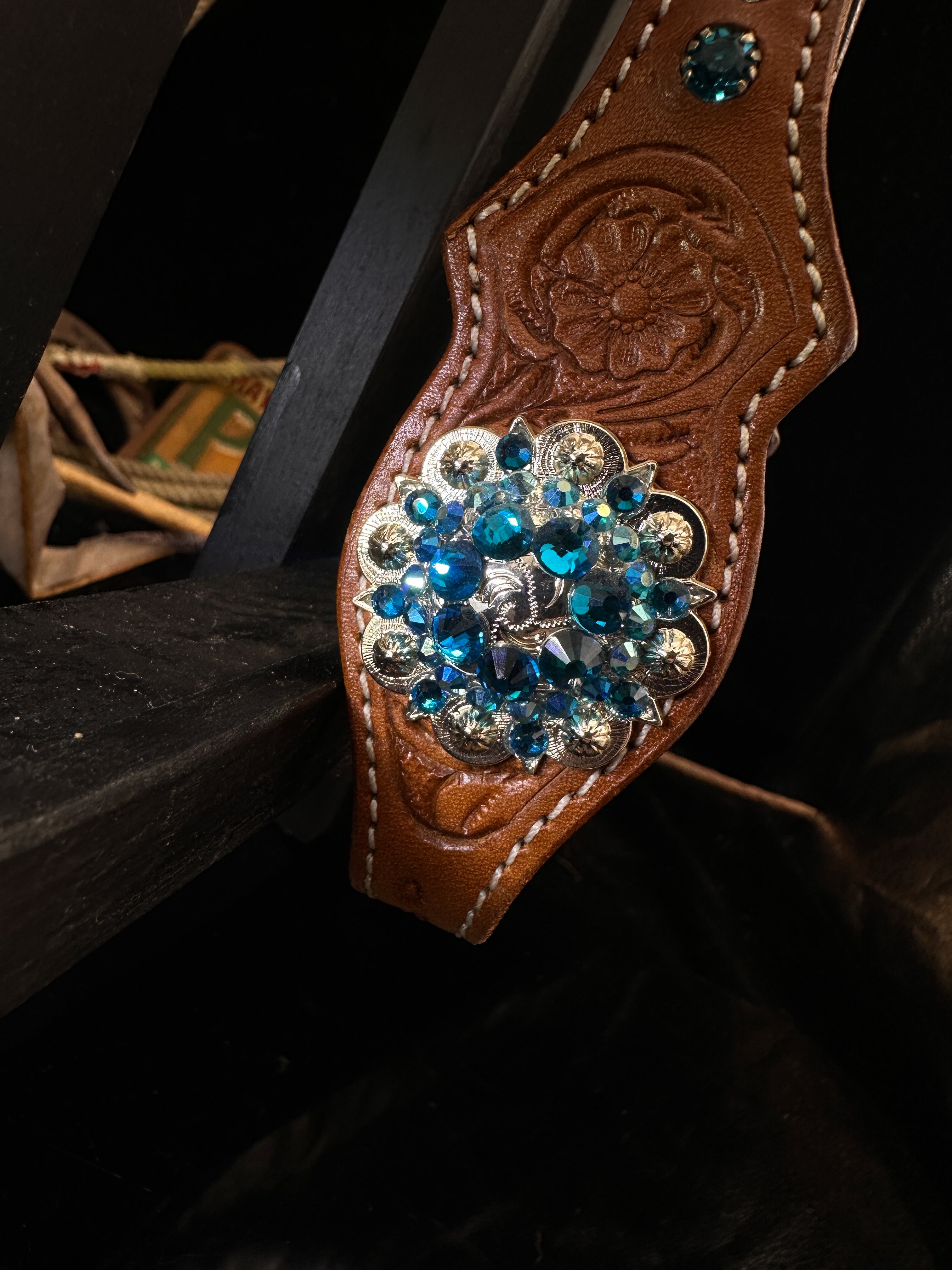 Premium | Petrol & turkoois  | Floral tooled western hoofdstel