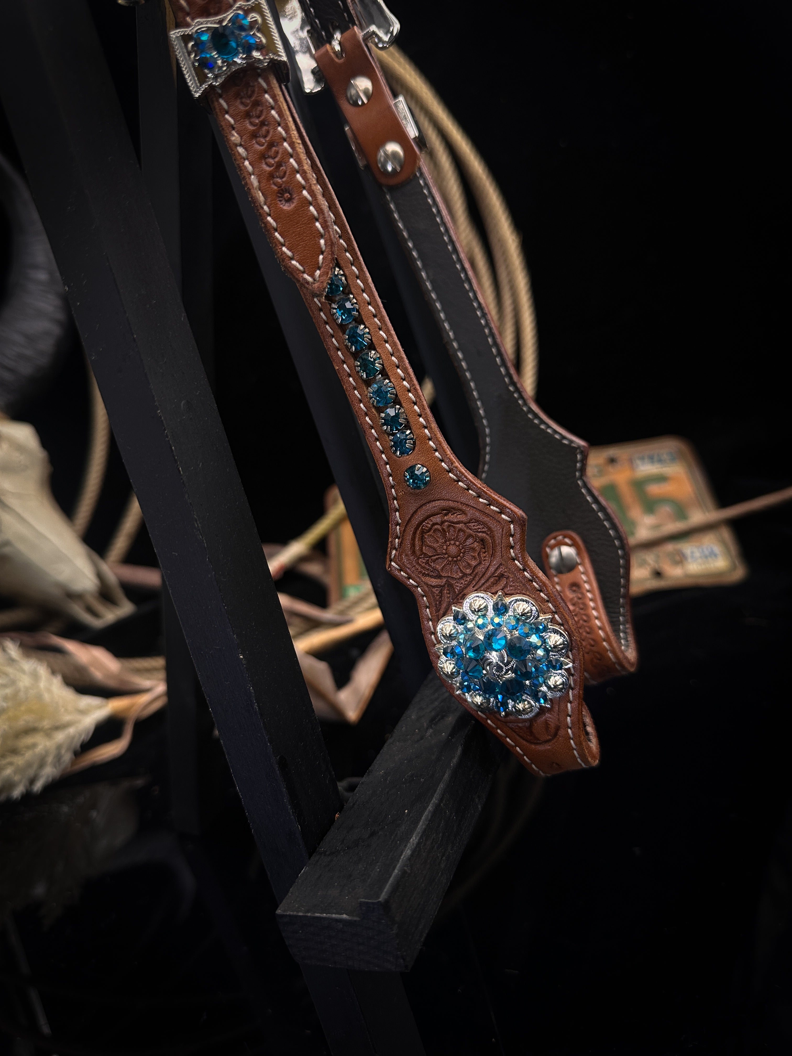 Premium | Petrol & turkoois  | Floral tooled western hoofdstel