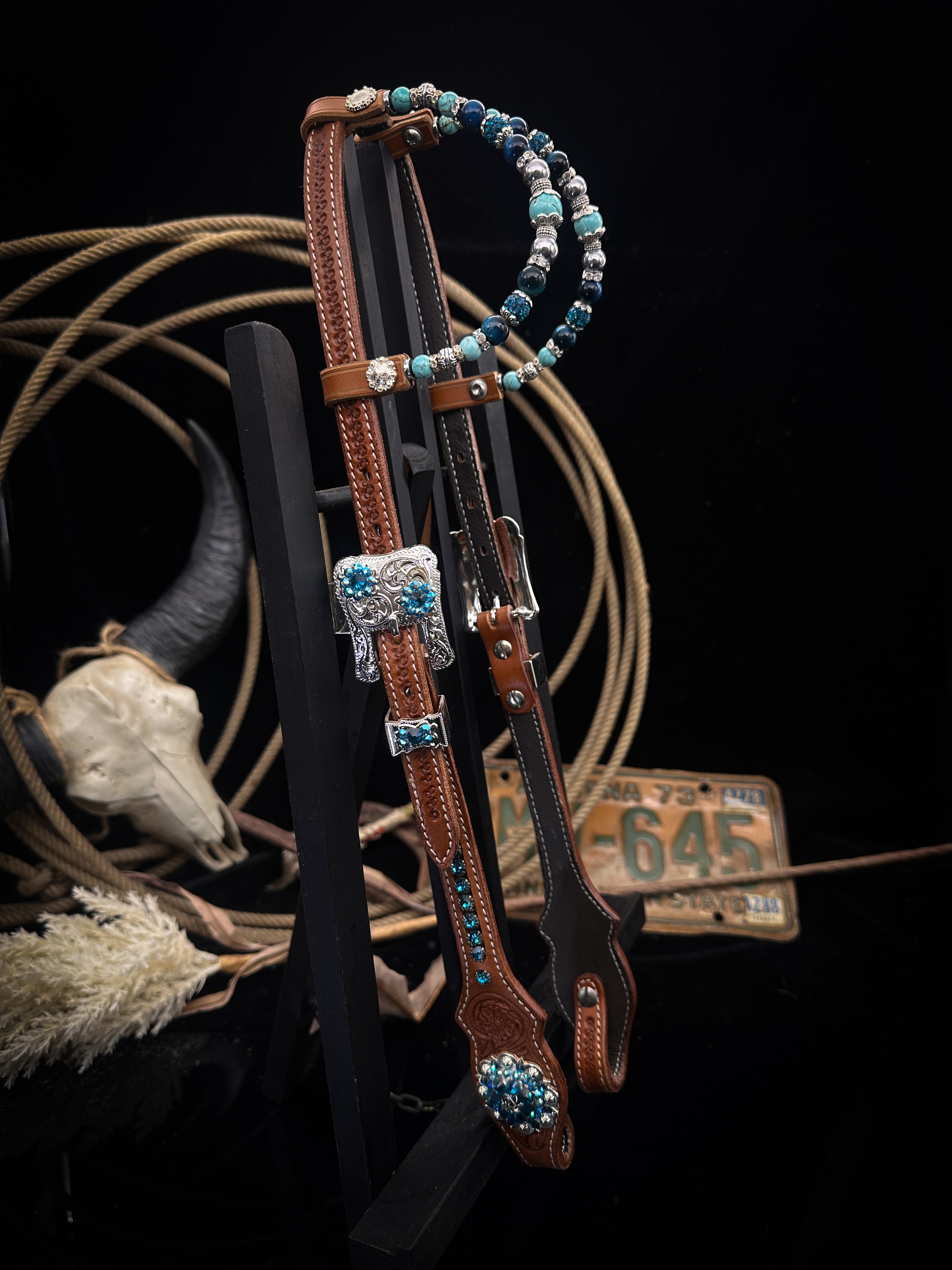 Premium | Petrol & turkoois  | Floral tooled western hoofdstel