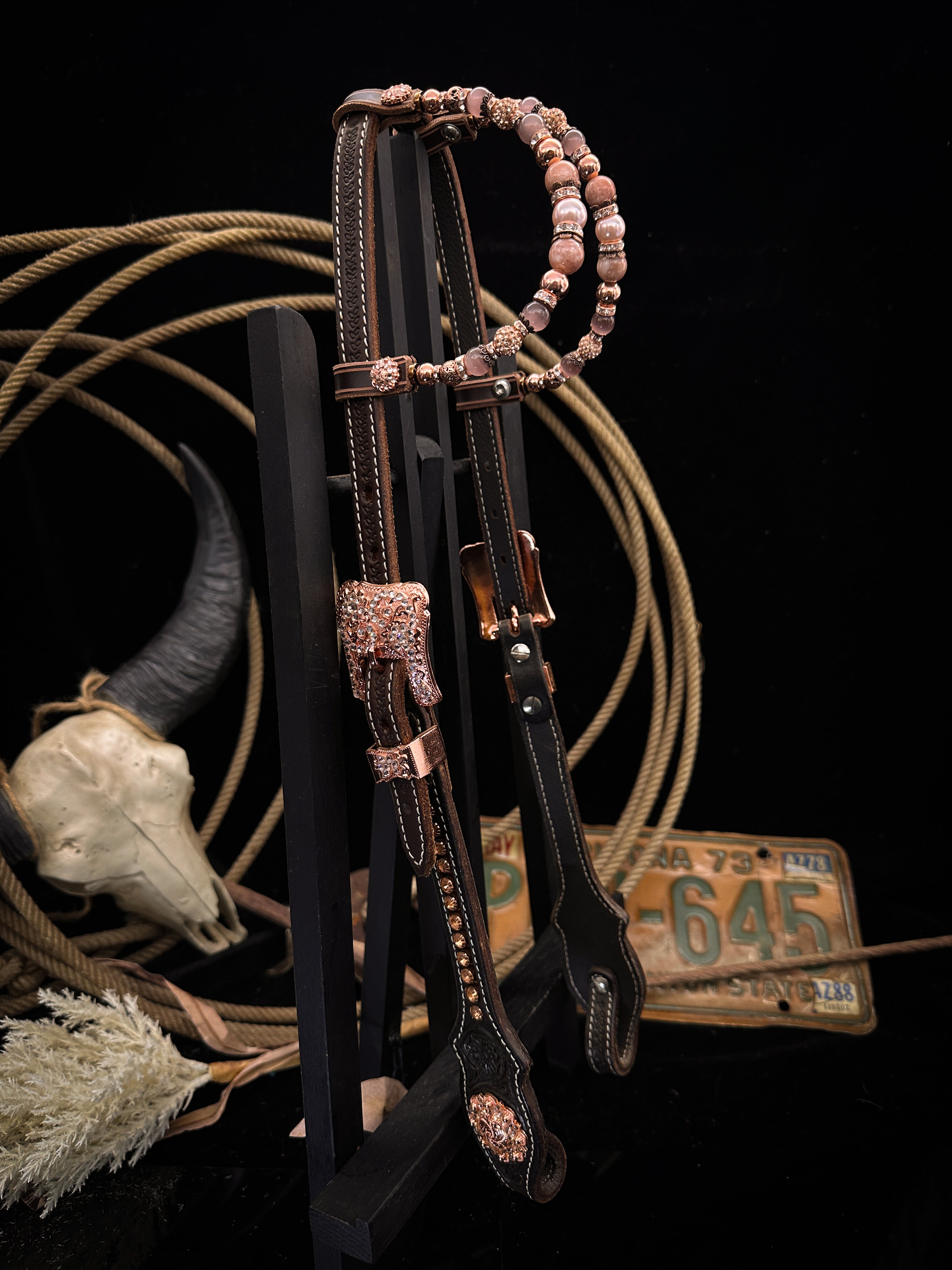 Premium | Rose gold &amp; Peach | Floral tooled western bridle